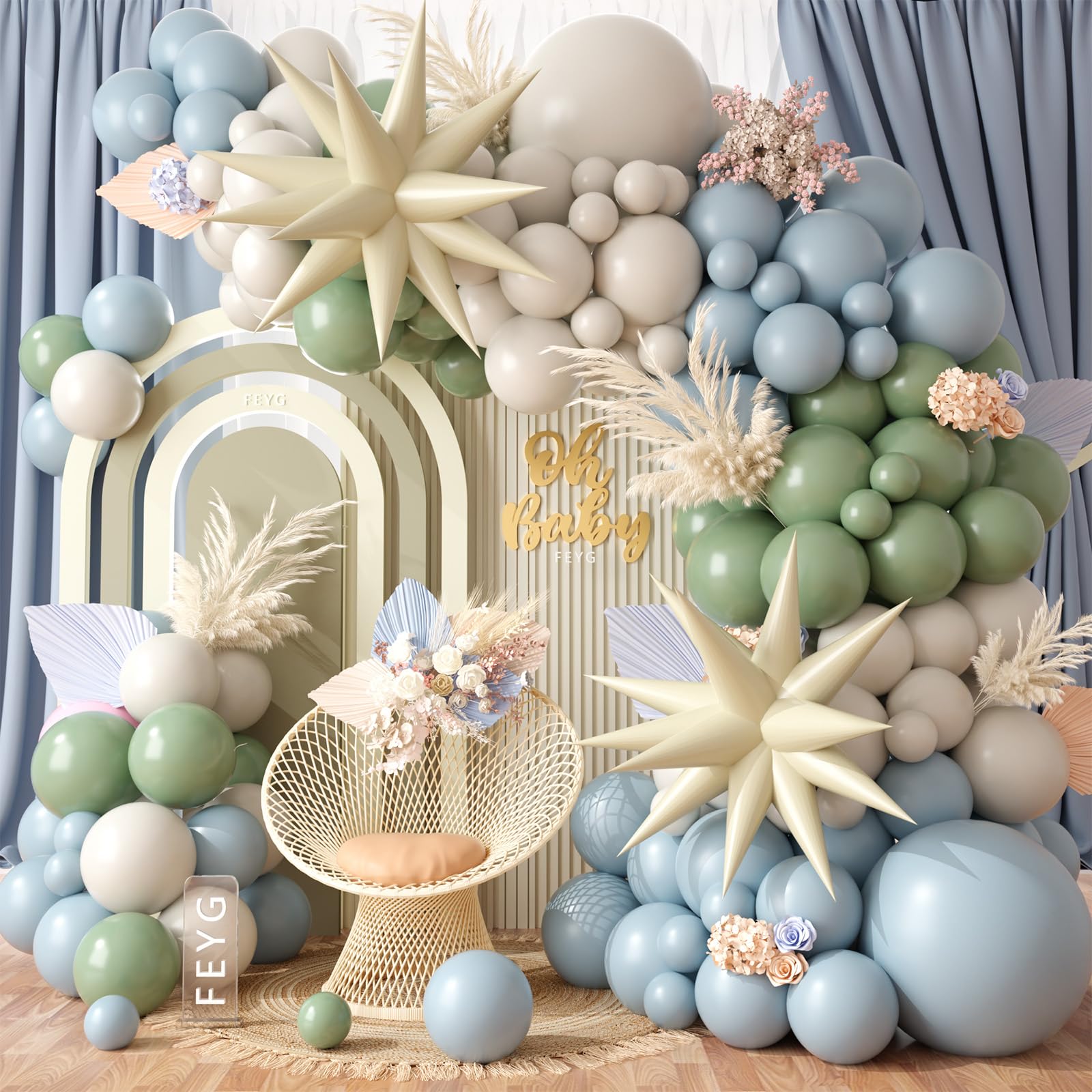 Dusty Blue Green Balloon Garland Arch Kit, Avocado Green Mist Blue White Sand Balloons Kit with Cream Star Balloons for Jungle Safari Neutral Birthday