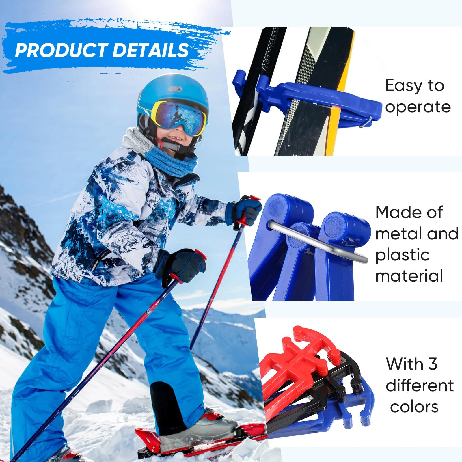 Hanaive 6 Stück Skigurt und Stangenträger Langlaufskierstöcke Halter Universal Stangenträger Skifahren Zubehör für Familien Weihnachten Urlaub Winter Schwarz Rot Blau