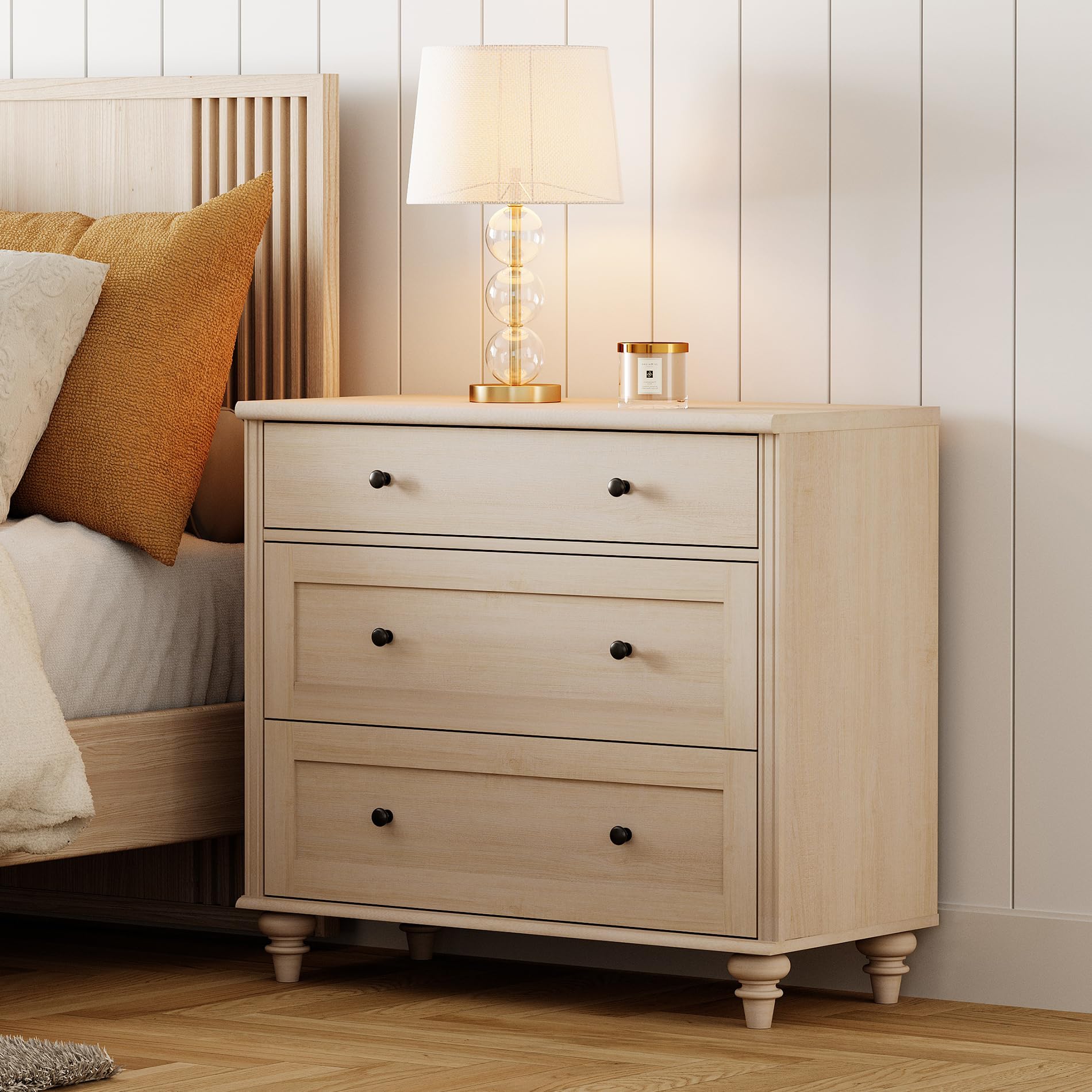 wampat farmhouse nightstand with 3 drawers, large wood bedside table night stand, wide sofa side end table 3 drawers chest of dresser for living room, bedroom, beige, 34 inch