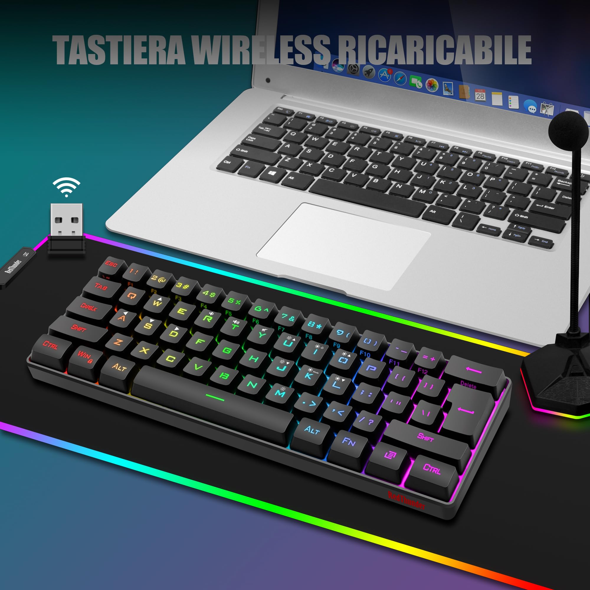 RedThunder 60% Tastiera da Gioco Meccanica Cablata, Retroilluminazione Dinamica RGB, Mouse a Nido D'ape Leggero da 7200 DPI, Tastiera Ultracompatta, 62 Tasti Anti Ghosting, Layout IT per PC/PS5-Nero