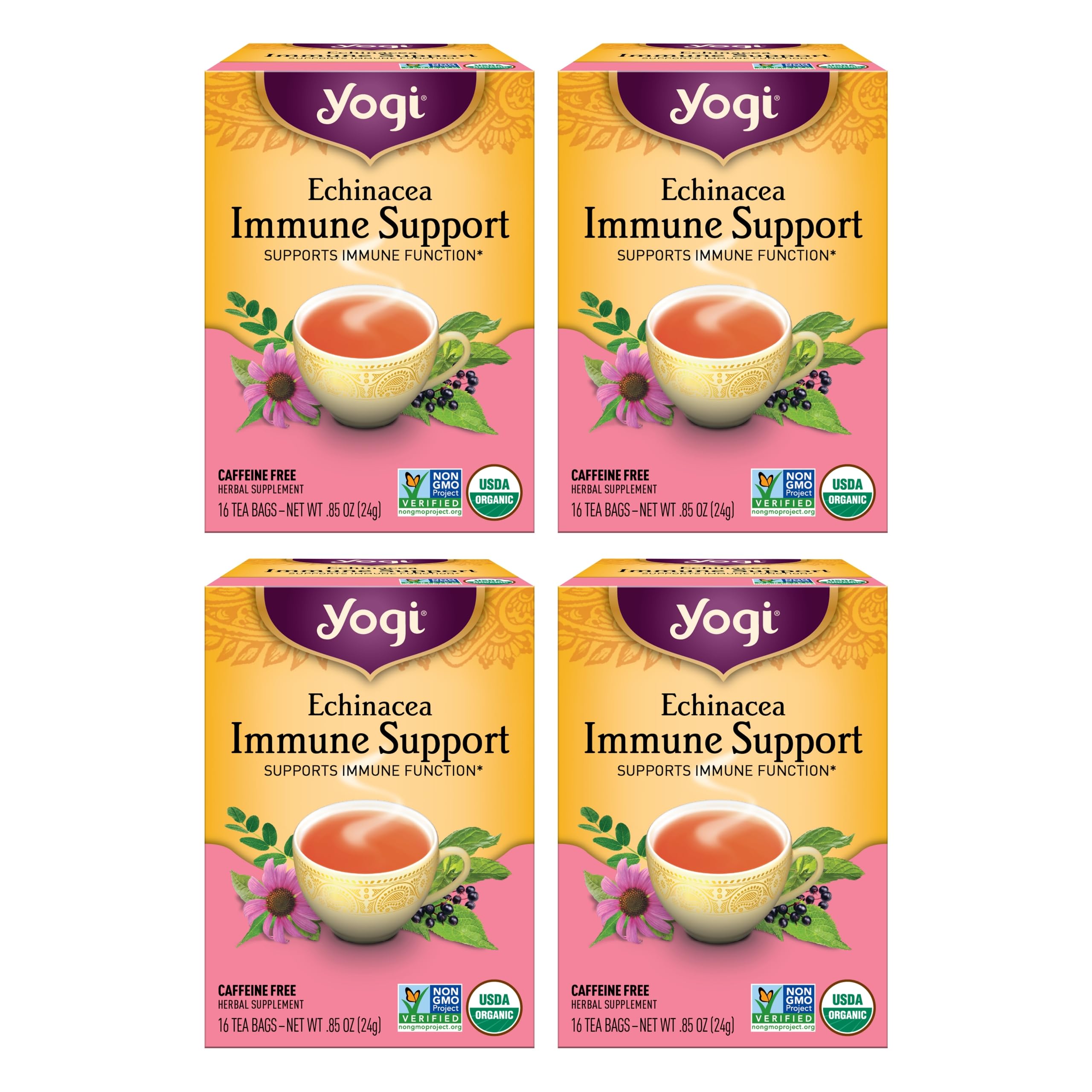 Yogi Tea Echinacea Immune Support Tea - 16 Tea Bags per Pack (4 Packs) - Organic Immunity Support Tea - Includes Peppermint Leaf, Lemongrass, Cinnamon Bark, Echinacea Purpurea, Licorice Root & More