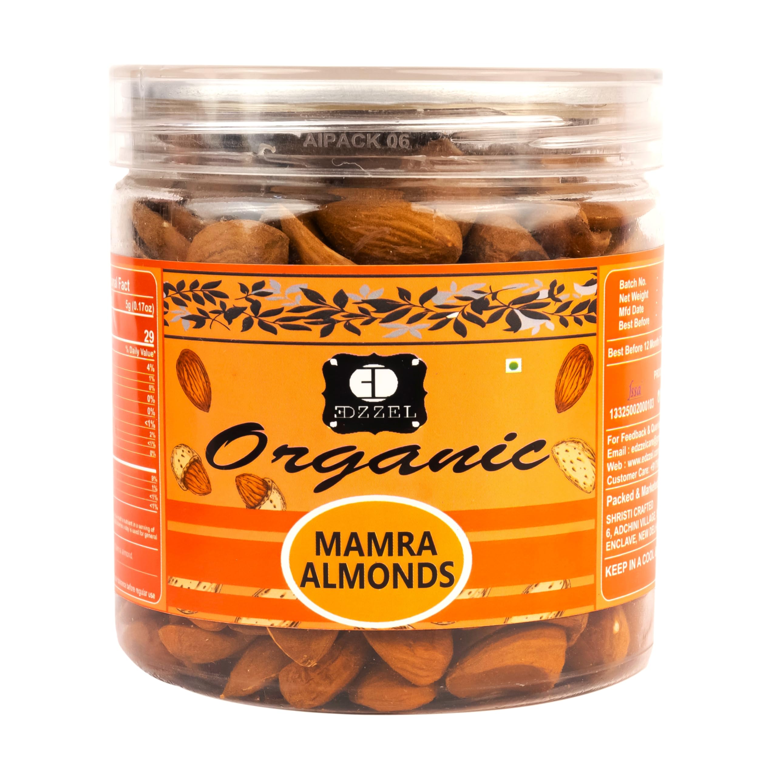 EDZZEL Organic Mamra Giri Almonds Traditional Premium Quality Hygienically Packed | Vegan | Gluten Friendly | NON-GMO | Indian Origin - 250 gm
