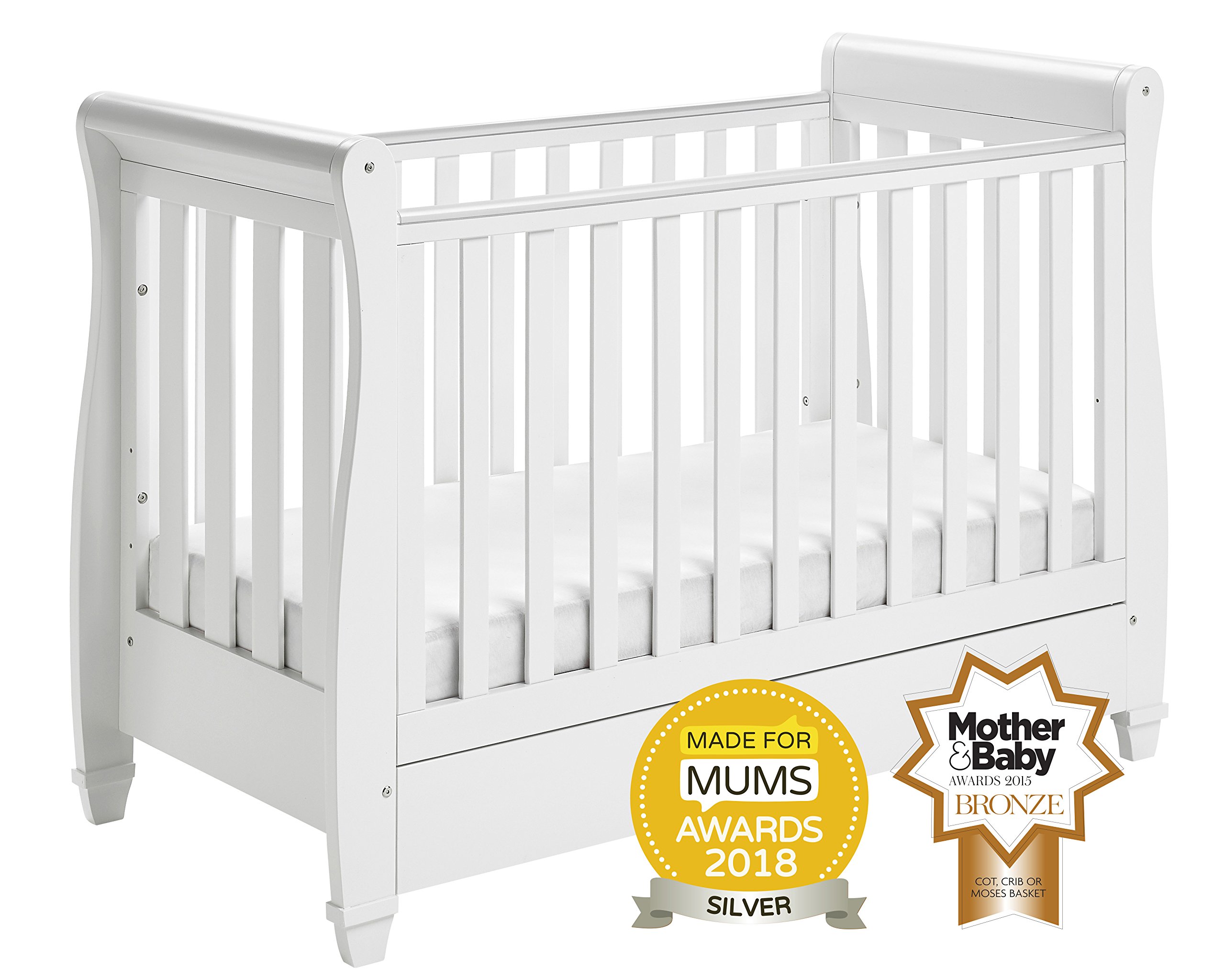 Babymore Eva Sleigh Cot Bed Drop Side with Drawer & Include Mattress