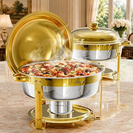 WARMOUNTS 6.5QT Gold Chafing Dishes for Buffet 2 Pack, Stainless Steel Round Chafers and Buffet Warmers Sets with Lid Holder, Rolled Rim Process, Stackable Design, for Catering, Parties, Weddings