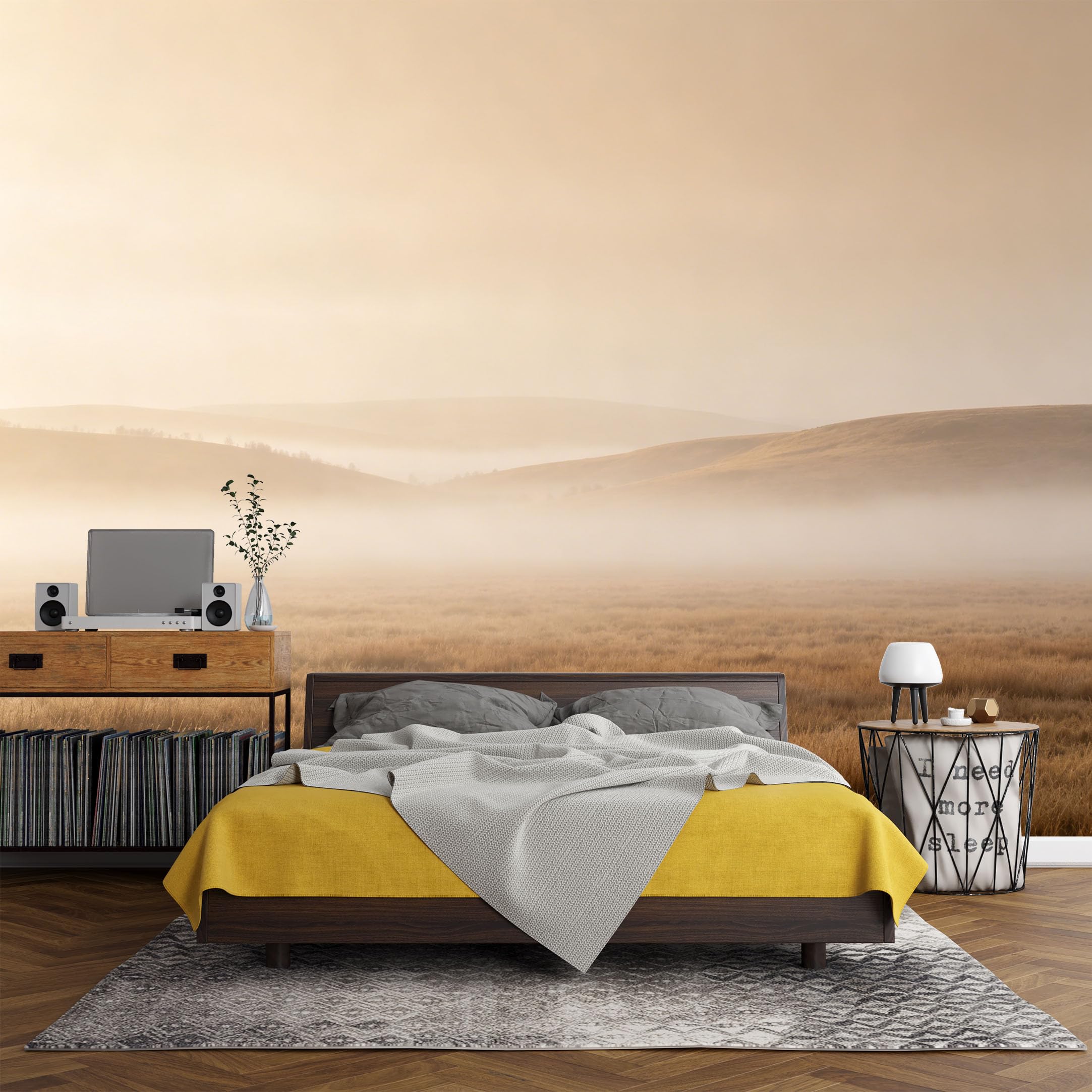 Custom Size Wall Mural， Minimalist Foggy Meadow Golden Hills Landscape， SelfAdhesive Art Prints wall Fabric (No PVC) Removable Wallpaper Living Room Decor