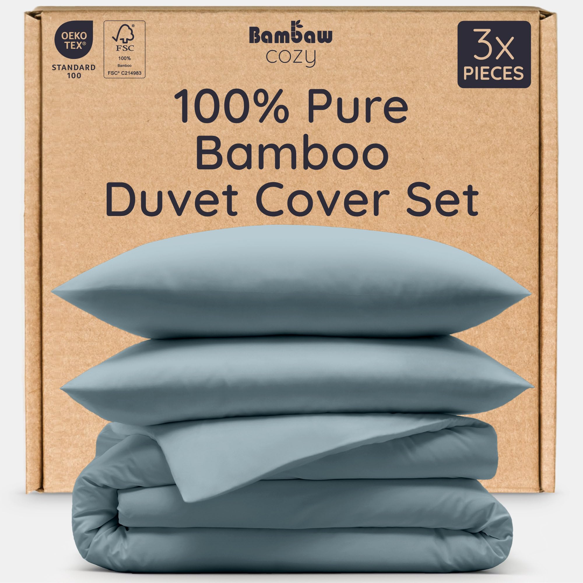 Bambaw Bamboo Duvet Cover Double Bed Set (200 x 200 cm), 3-Piece Cooling Double Duvet Cover Set with Bamboo Pillow Cases 2 Pack (50 x 75 cm), Cooling, Breathable & Skin-Friendly (Dusty Blue)