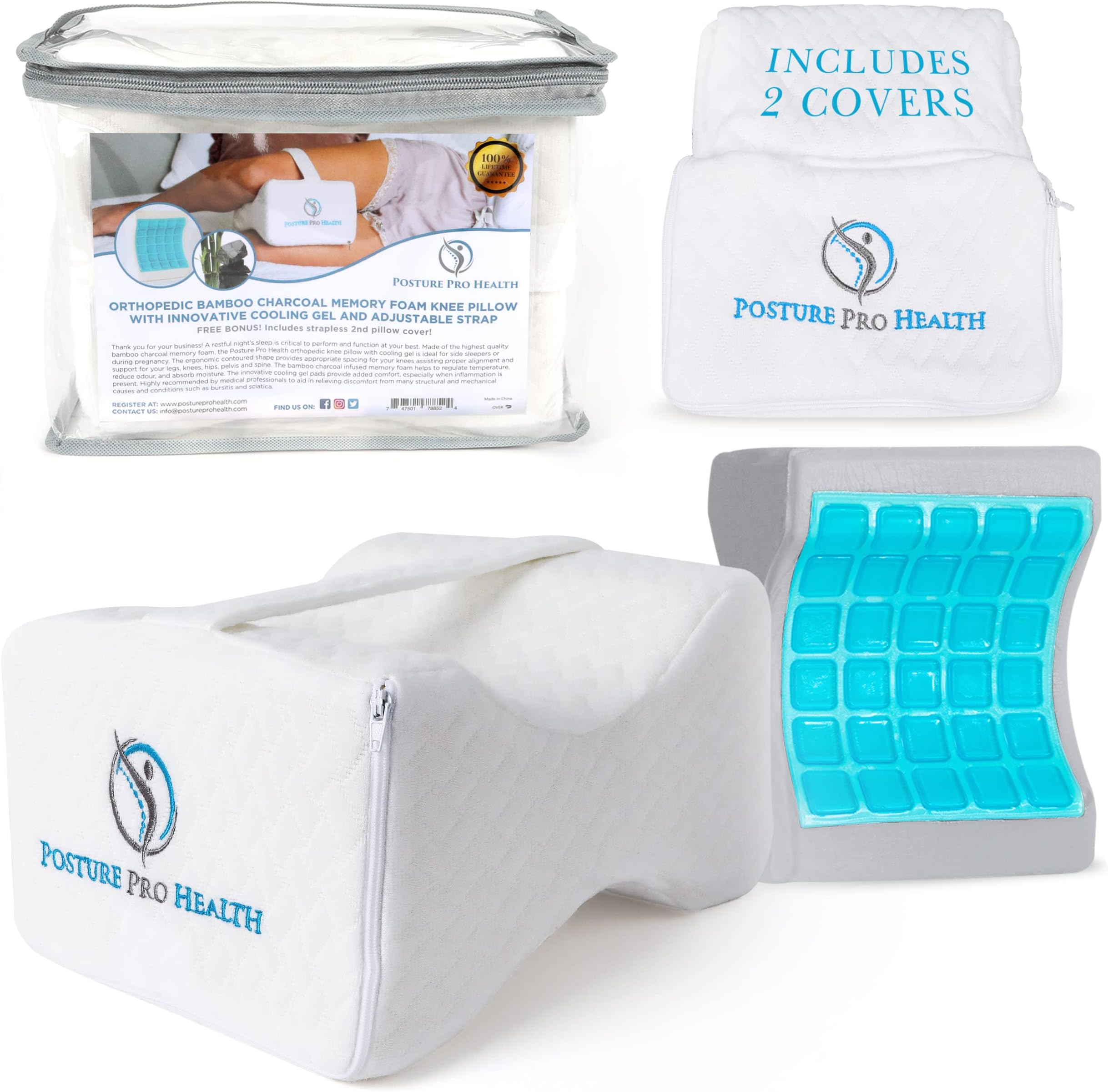 Memory Foam Orthopedic Knee Pillow with Cooling Gel & Adjustable Strap | Back, Hip, Knee Support Cushion for Side Sleepers & Pregnant Women | Bonus Cover | Best in Comfort & Design