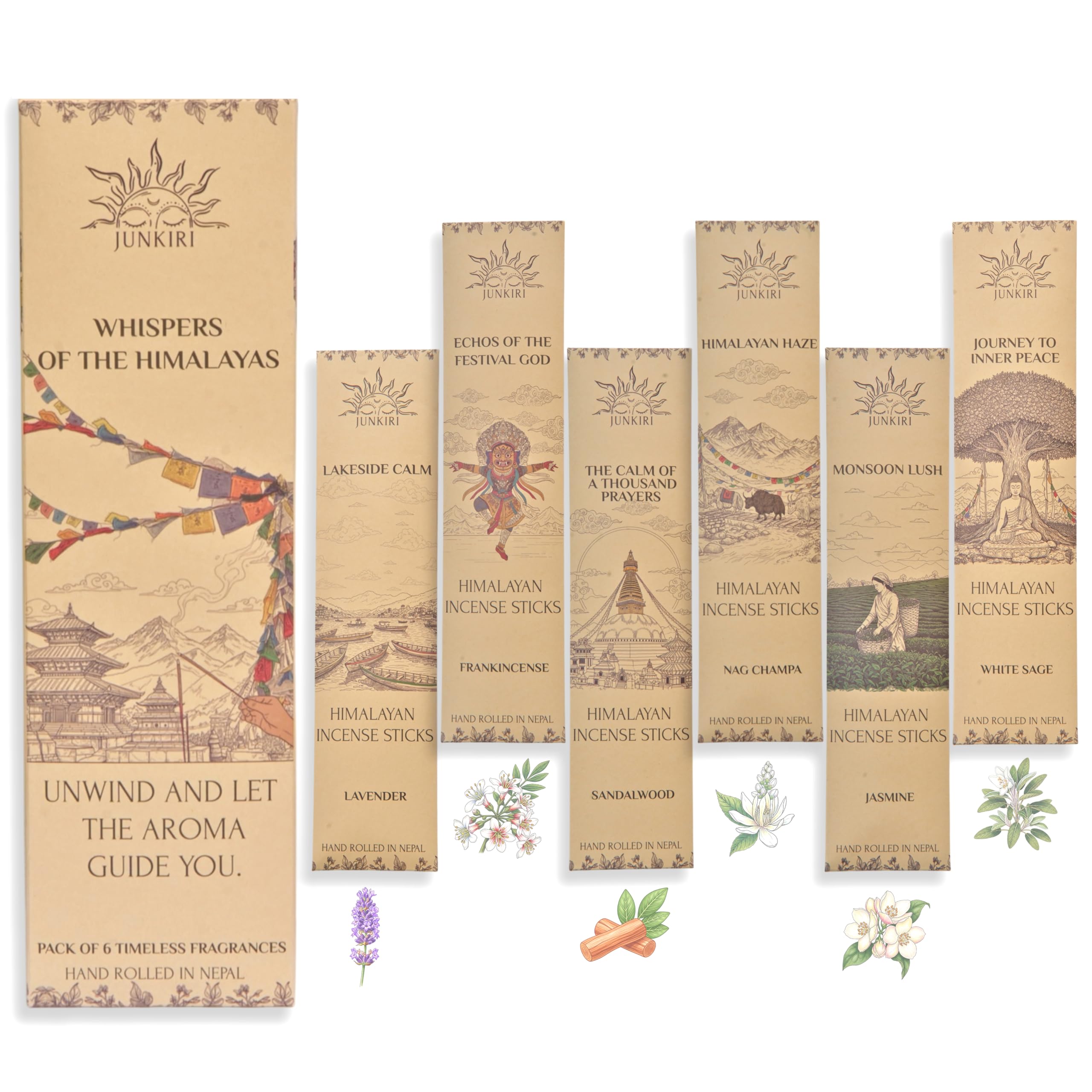 Incenso Nepalese Fatto a Mano, Set di 6 fragranze, 90 bastoncini, Nag Champa, Lavanda, Sandalo, Gelsomino per meditazione, guarigione, aromaterapia, relxazione, vibrazioni positive, incenso Himalayano