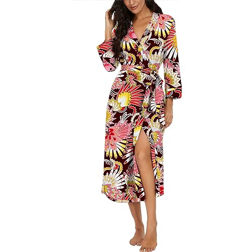 VINTATRE Women Kimono Robes Long Knit Bathrobe Lightweight Soft Knit Sleepwear V-neck Casual Ladies Loungewear
