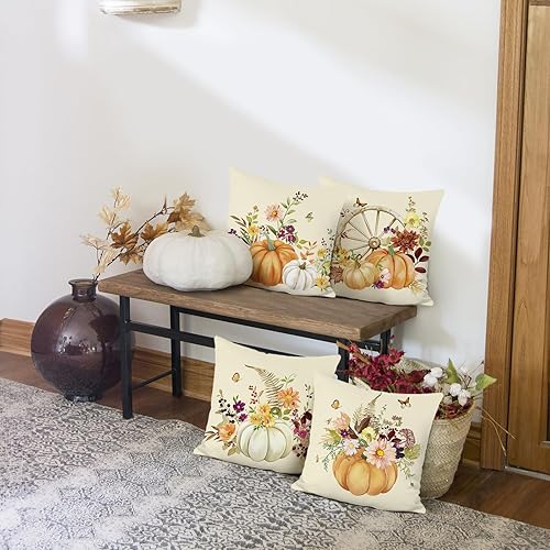 Miniatura 3 de Bonhause Juego de 4 fundas de almohada de calabaza otoñal de 18 x 18 pulgadas, color beige y naranja, hojas de calabazas, florales, fundas de