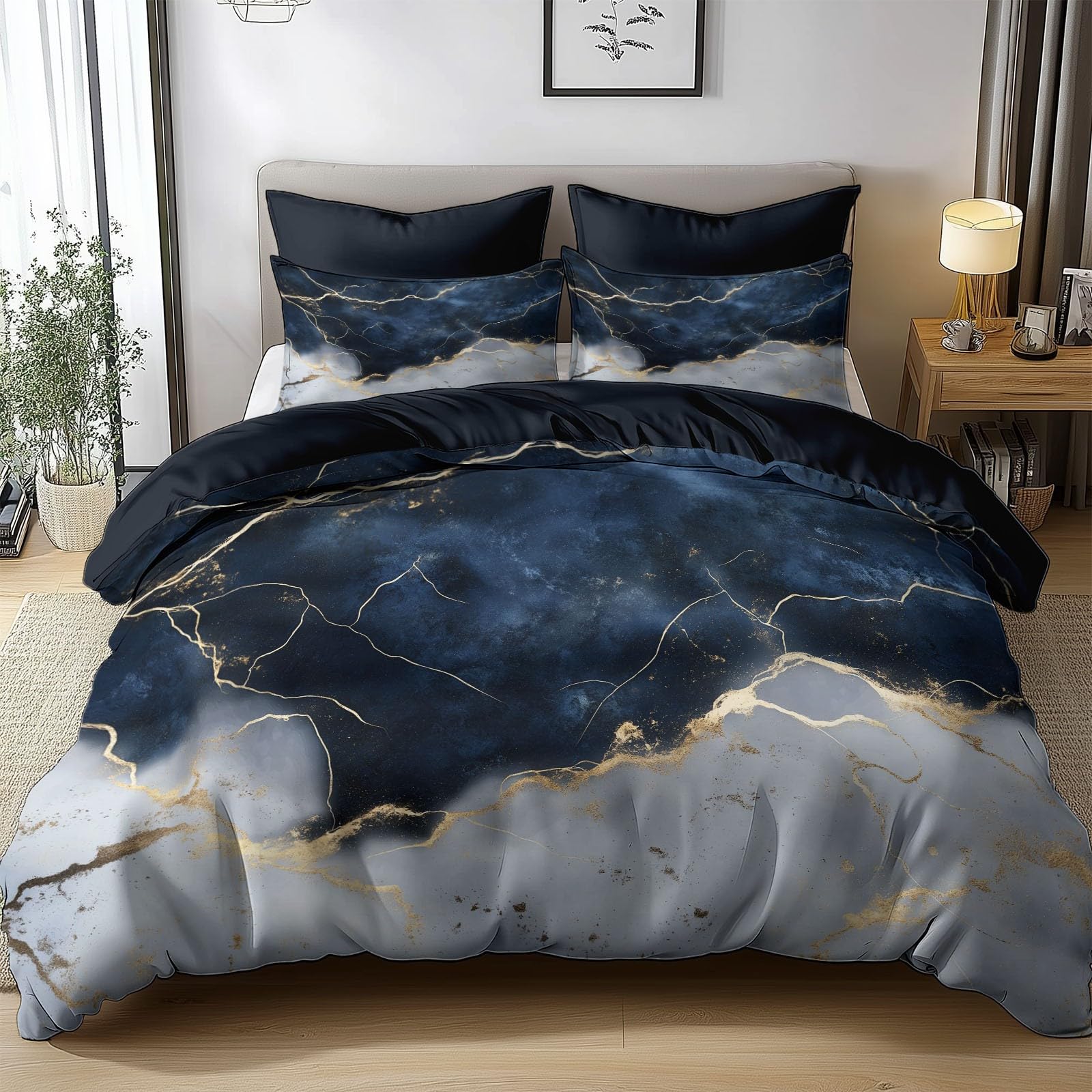 Duvet Cover Set Single 135x200 cm Marble Blue White Polycotton Quilt Cover Soft Cosy Breathable Bedding Sets with Zipper Closure and 2 Pillowcases โ image 1