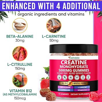 Adndale Creatine Gummies for Women & Men, 5000mg per Serving Creatine Monohydrate Supplement with Beta-Alanine, L-Citrulline & B12-75 Vegan Gummies. Sugar-Free