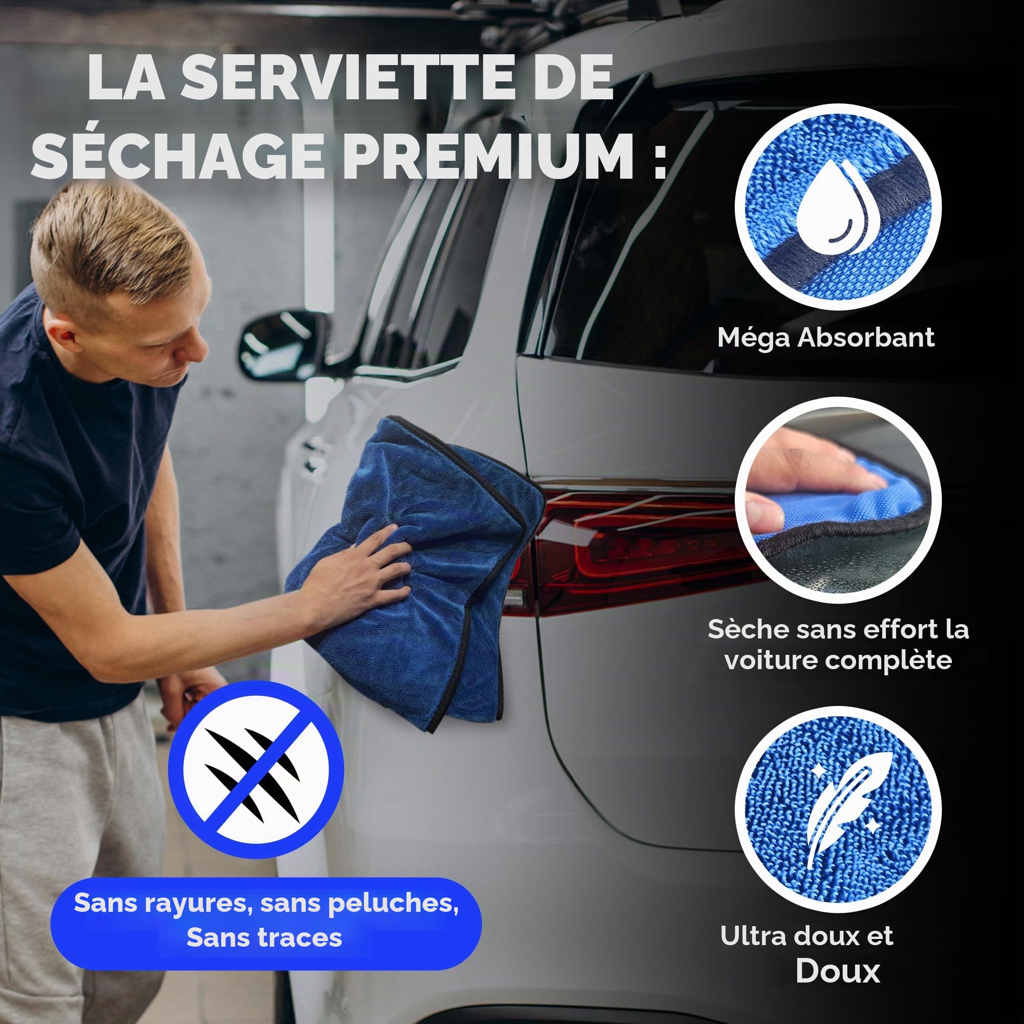 Serviette de Séchage pour Voiture XXL 70 x 90 cm Ultra Absorbante 600 GSM