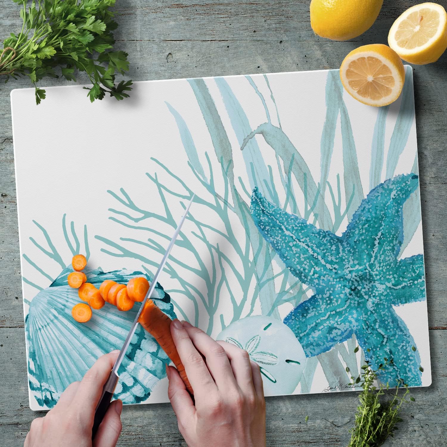 Coastal Coral Life Tempered Glass Cutting Board with Non-Slip Feet