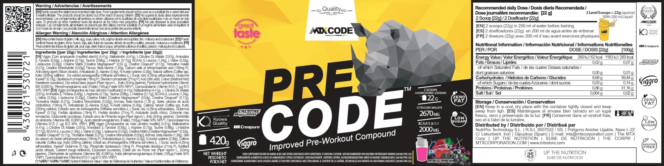 MTX nutrition PRECODE [420g.] BerryBlast - Pre-entrenamiento PREMIUM con 20 Ingredientes Activos en sus Dosis Efectivas. Despierta ti lado más salvaje y entrena en clave Animal