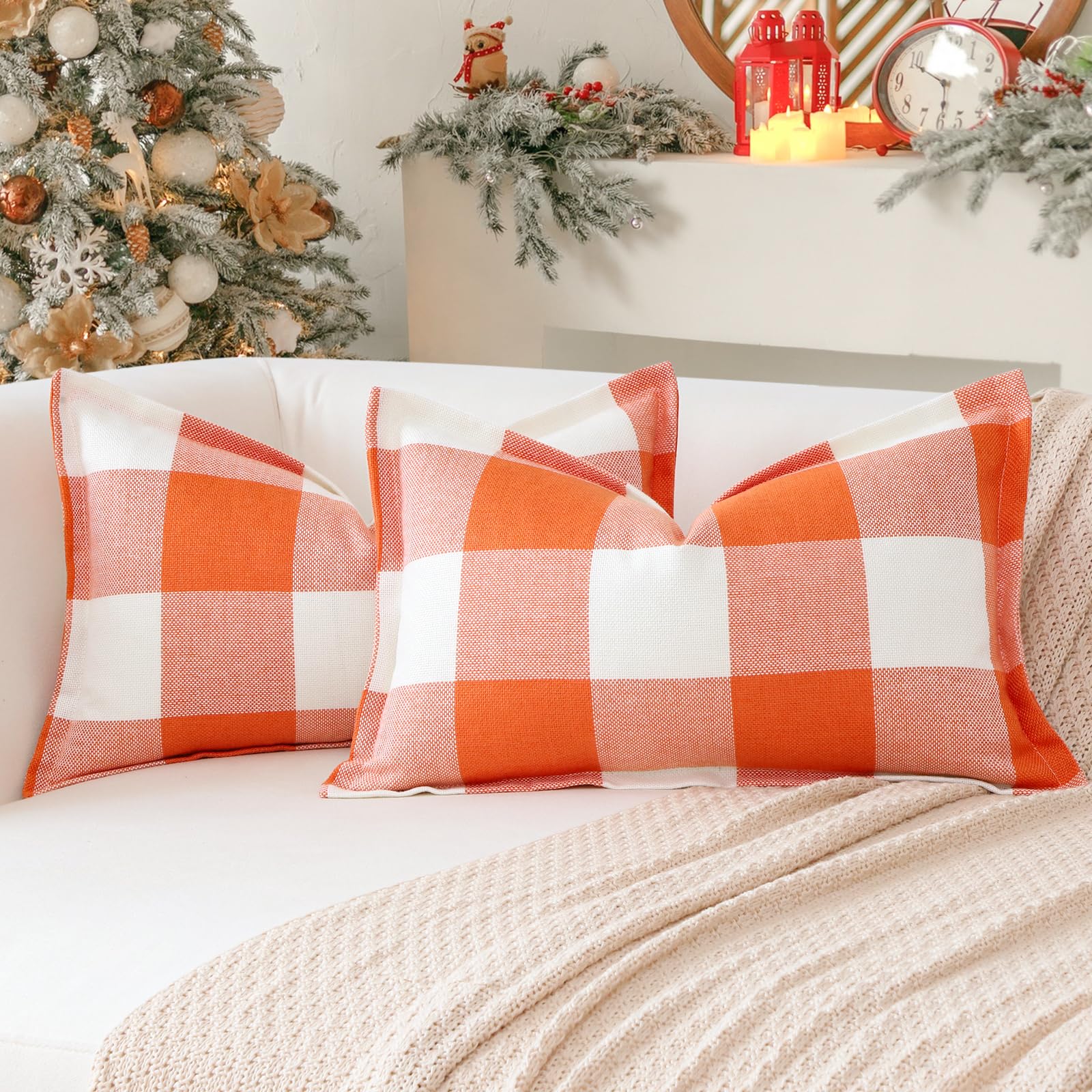 Sungeek Buffalo Check Plaid Cushion Covers 30 x 50 Set of 2 Linen Christmas Tartan Decorative Lumbar Pillow Covers with Stitched Edge for Sofa Couch Bed Living Room 12x20 Inch (Orange and White)