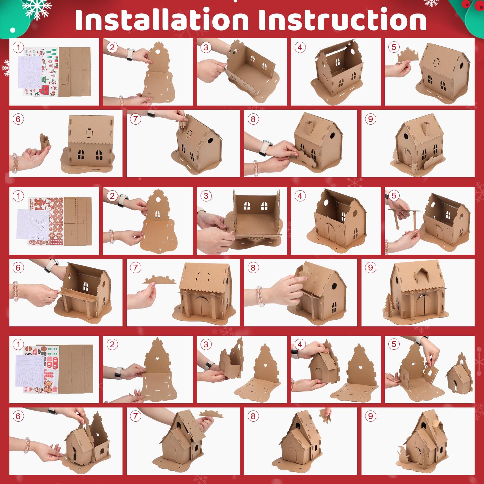 SAYAYA 10 juegos de casa de jengibre de Navidad LED a granel DIY tu propia casa de jengibre de Navidad con pompones, calcomanías, cuerdas de luz, bolígrafos kit de manualidades para Navidad