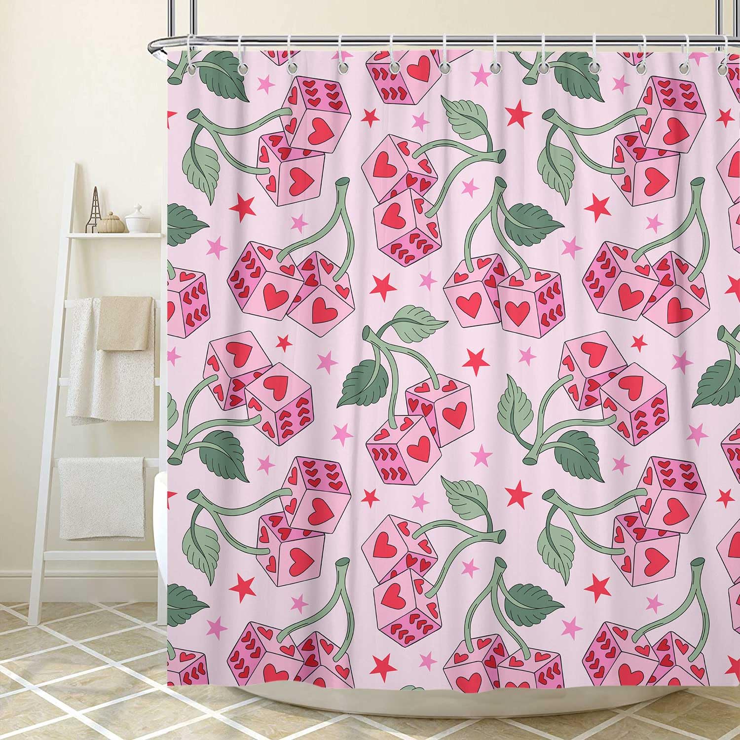 Cute Pink Cherry Shower Curtain, Pink Heart Groovy Aesthetic Fabric Shower Curtains Set for Teen Girls Bathroom Decorative, Romantic Fruit Modern