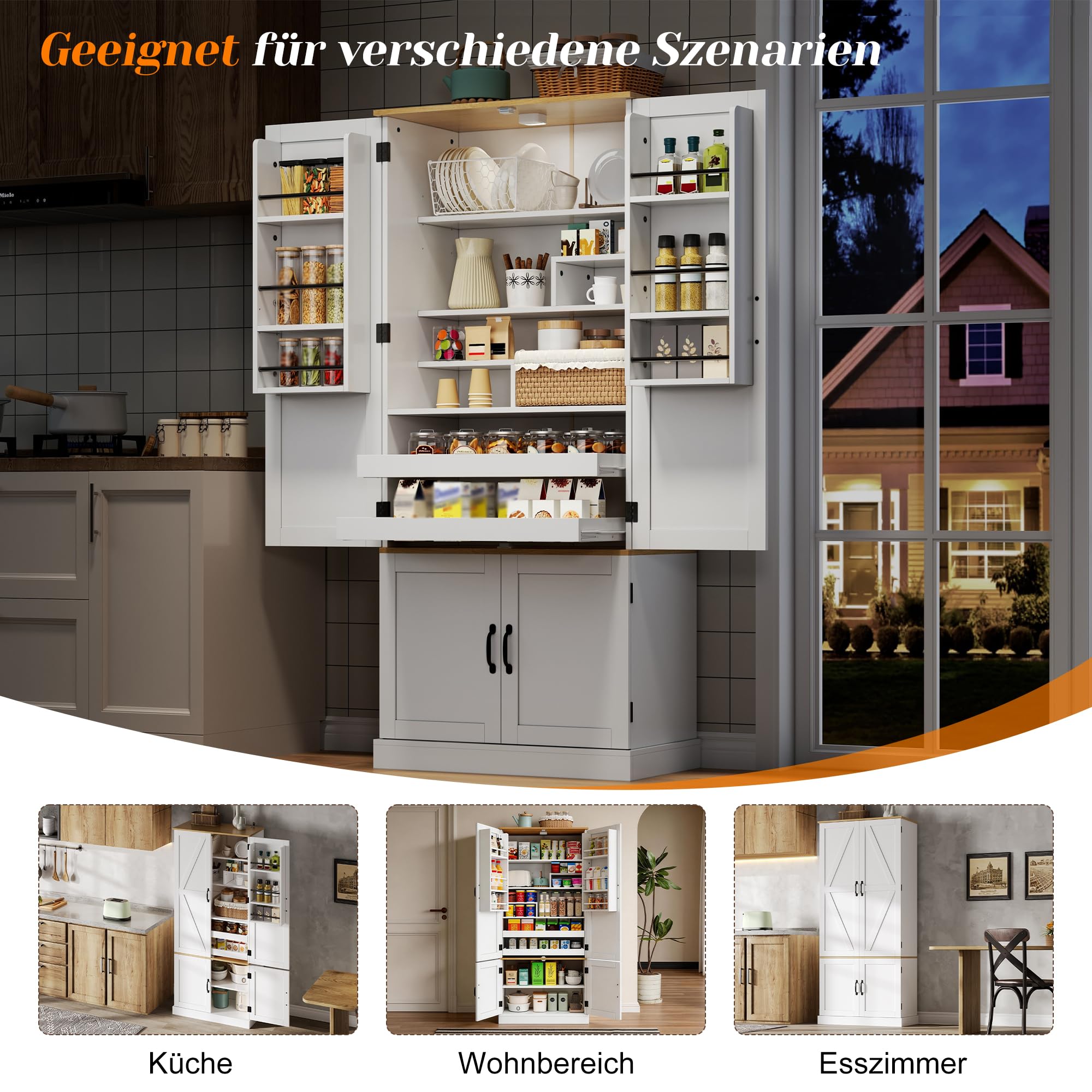 Merax Küchenschrank mit LED, Vorratsschrank mit 4-Türiger, 2 Schublade und Gewürzregal, Buffetschrank mit Höhenverstellbaren Einlegeböden, Küchenbuffet für Küche, 80×40×180cm, Weiß