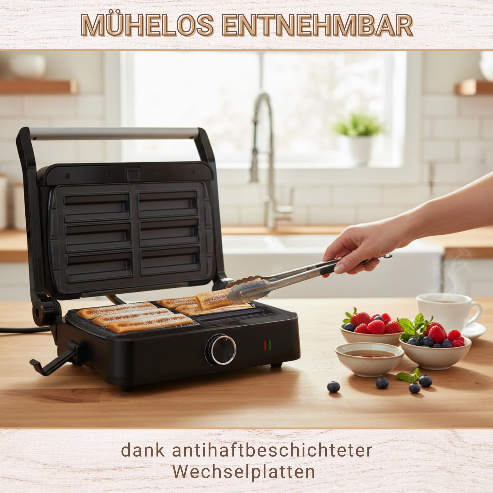 Syntrox Churros Kombigerät Multifunktionsmaker mit Wechselplatten, Kontaktgrill Edelstahl, Multifunktions Sandwichmaker, mit austauschbaren Platten, multifunktionales Küchengerät