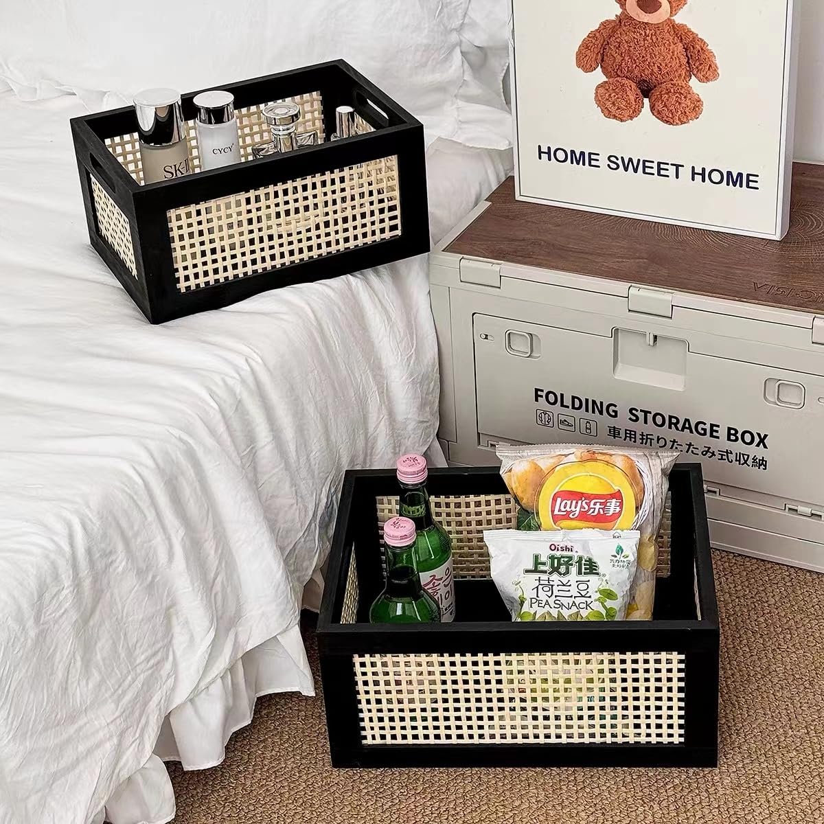 Cesta rectangular de almacenamiento, almacenamiento de tejido de madera cestas tejidas con mango | Cesta de almacenamiento de tejido con asa, organizador de escritorio, para casa, oficina, armario, estantería