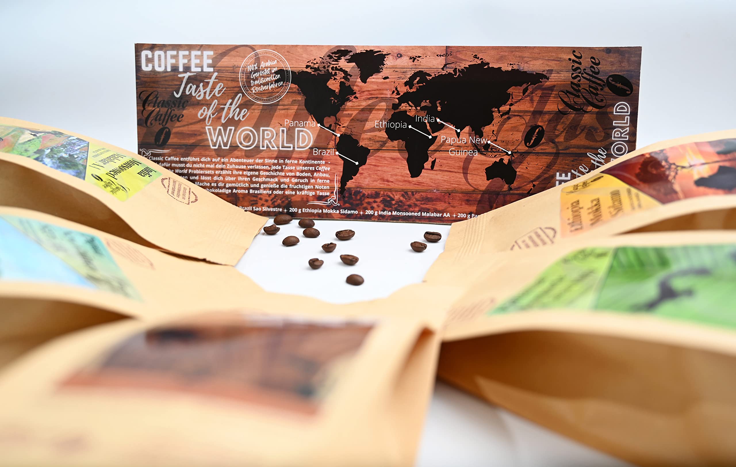 Classic Caffee - Premium Kaffee Weltreise Probierset 5x200g Kaffee-Geschenkset aus aller Welt - Kaffee Weihnachtsgeschenk - 100% Arabica (Gemahlen)