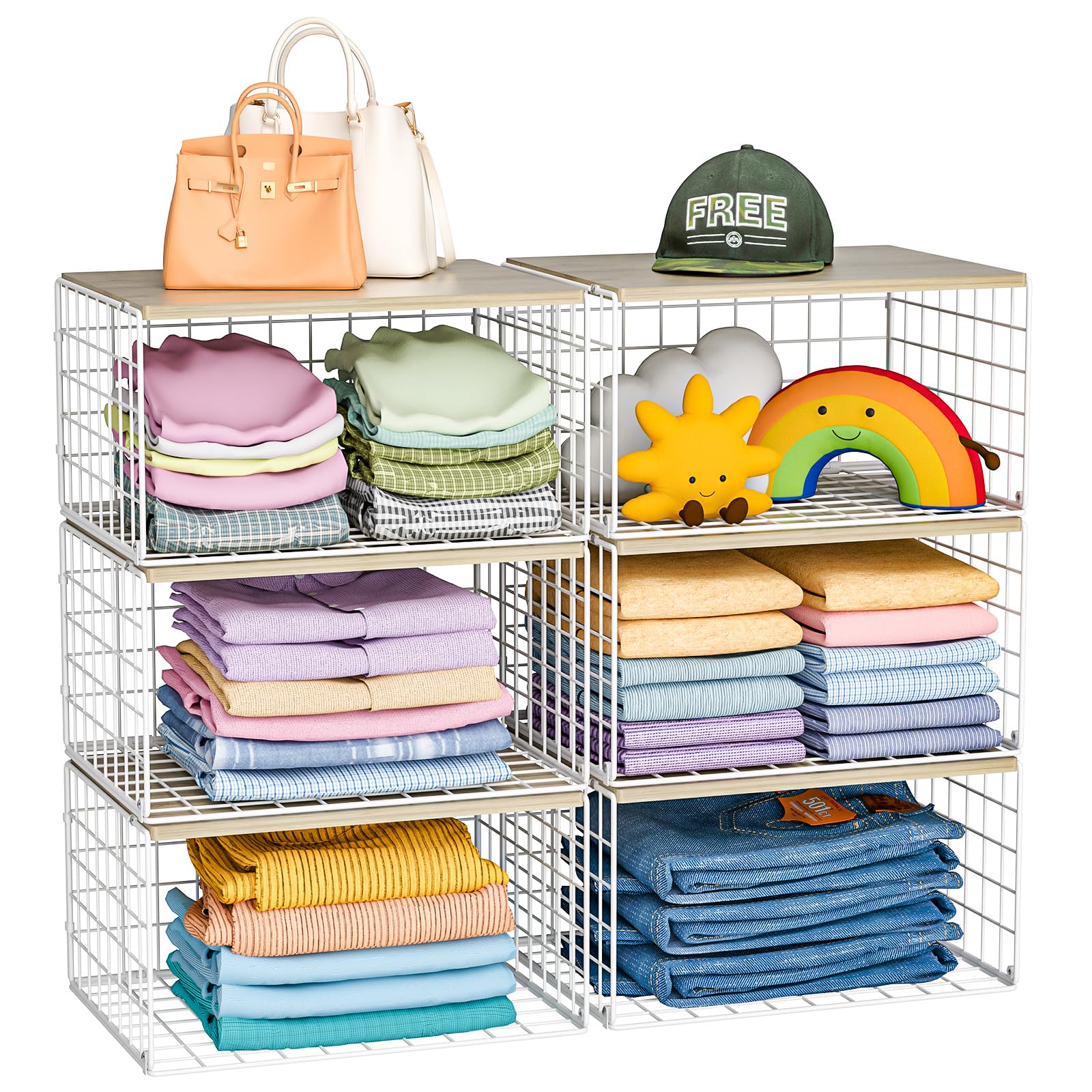 Hencawima 6 Pack Stackable Storage Closet Shelf Organizer Metal White