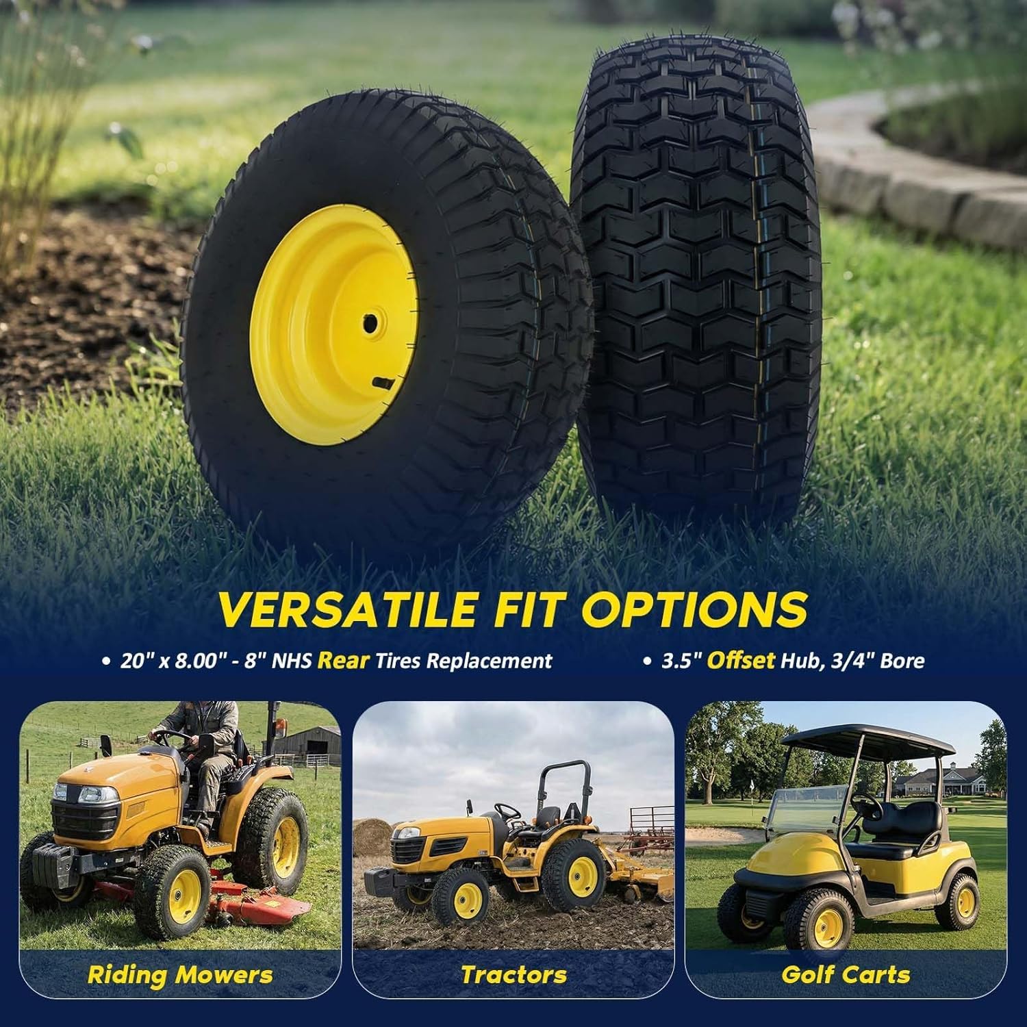 BDELI 2-Pack 20" X 8.00-8" Rear Tire & Wheel Assemblies | 4-Ply Tubeless Direct Replacement for Riding Lawn Mowers | Specs: 3/4" Borehole, 3.5" Offset Hub, 3/16" Keyway