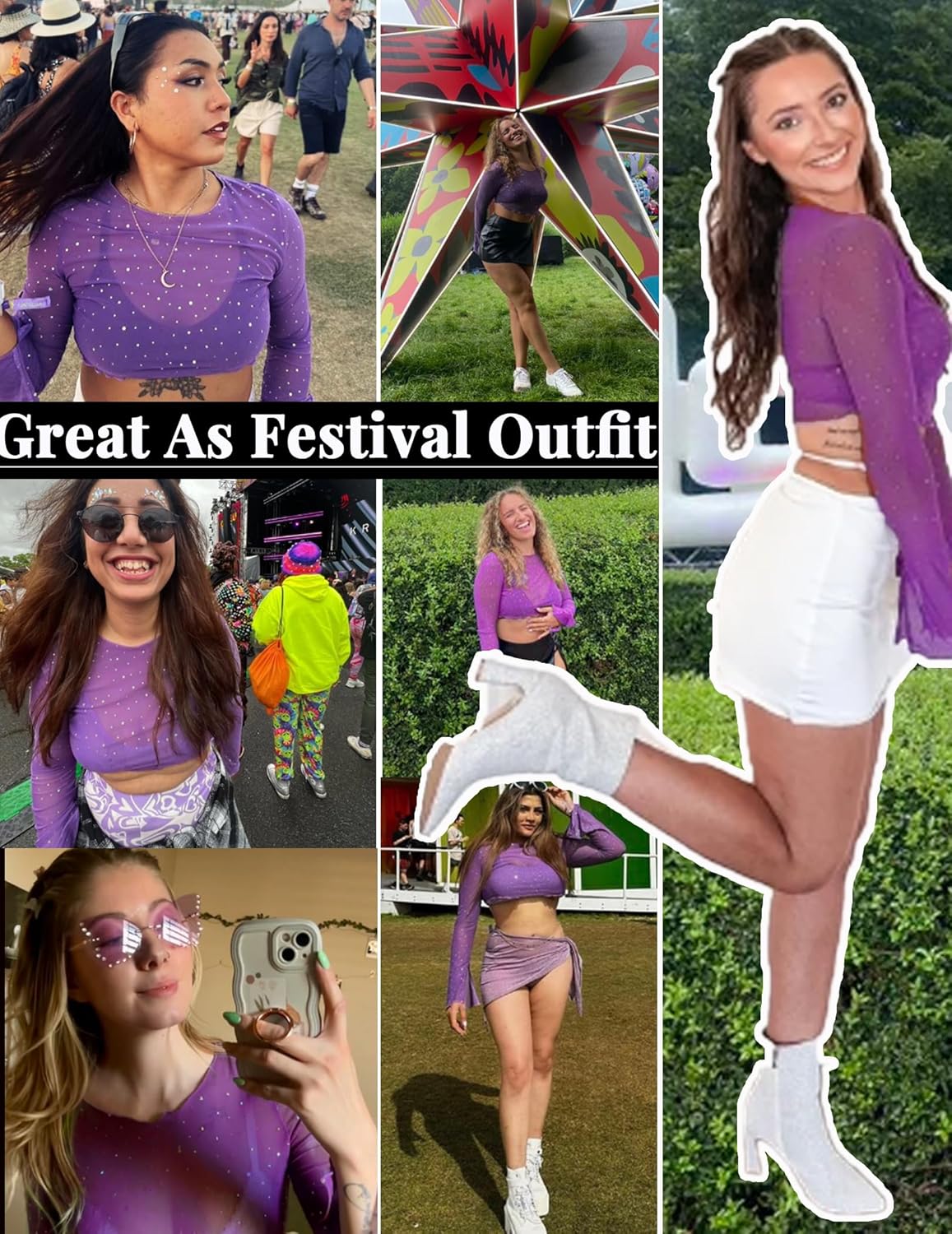 Avidlove Mesh Top Women Rhinestone Sparkly Long Sleeve Sheer Crop Top See Through Shirt Glitter Going Out Tops - Image 5