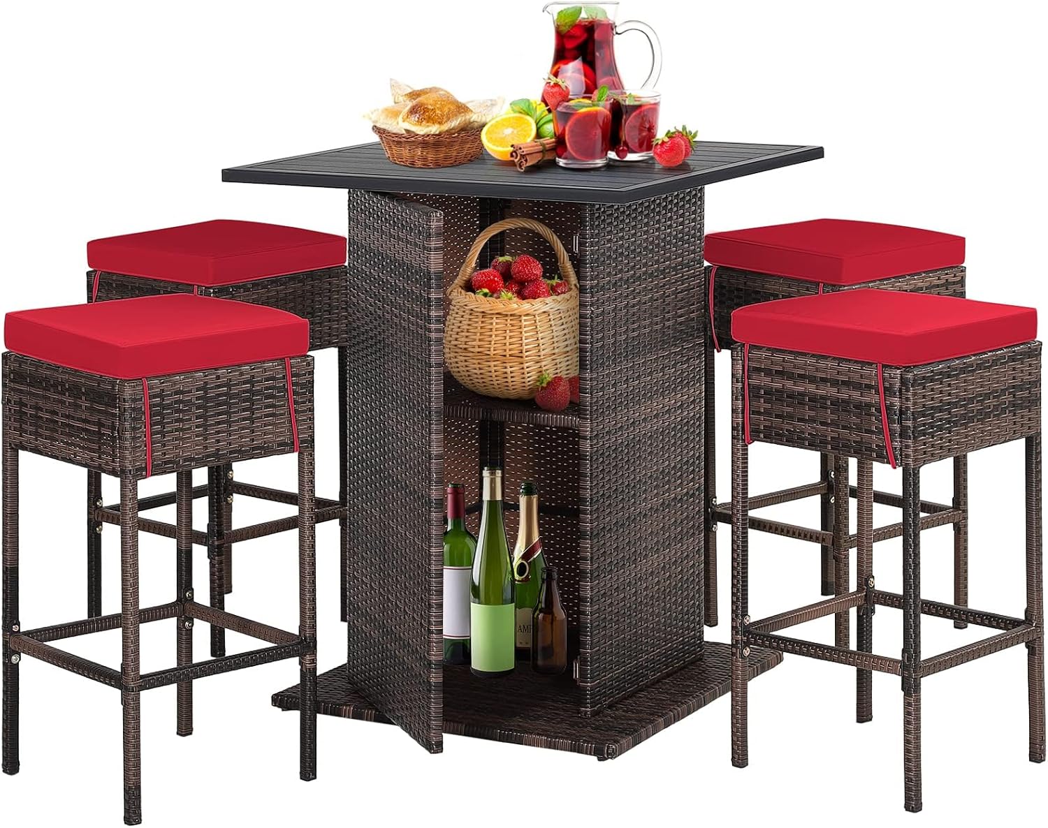 HAPPYGRILL 5 Pieces Rattan Bar Set, Outdoor Wicker Bar Table and 4 Bar Stools, Heavy-Duty Steel Frame, Patio Bar Furniture Set with Cushions