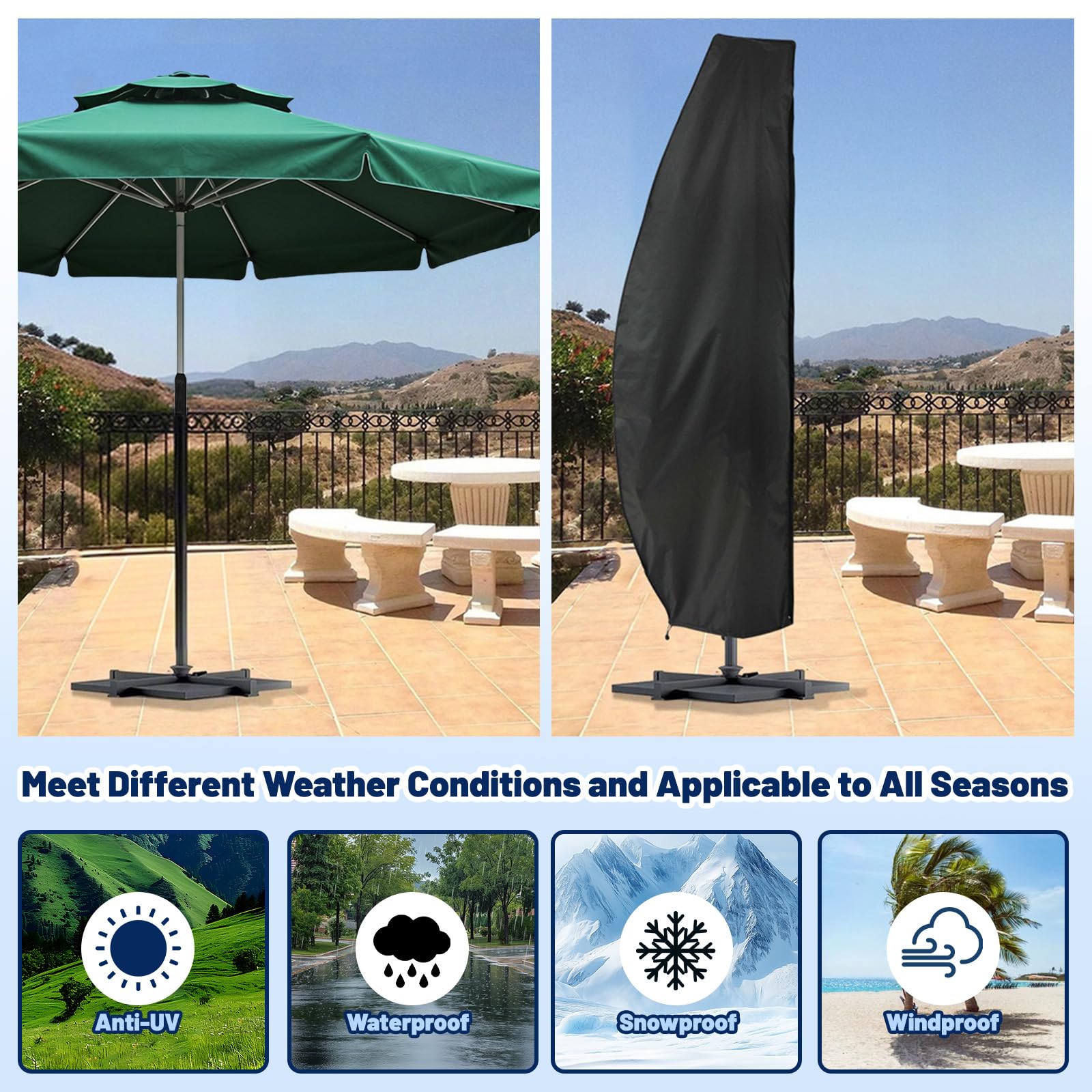 Housse de Parasol Déporté, Anti-UV, 420D Imperméable avec Fermeture éclair, Perche Télescopique, 265CM