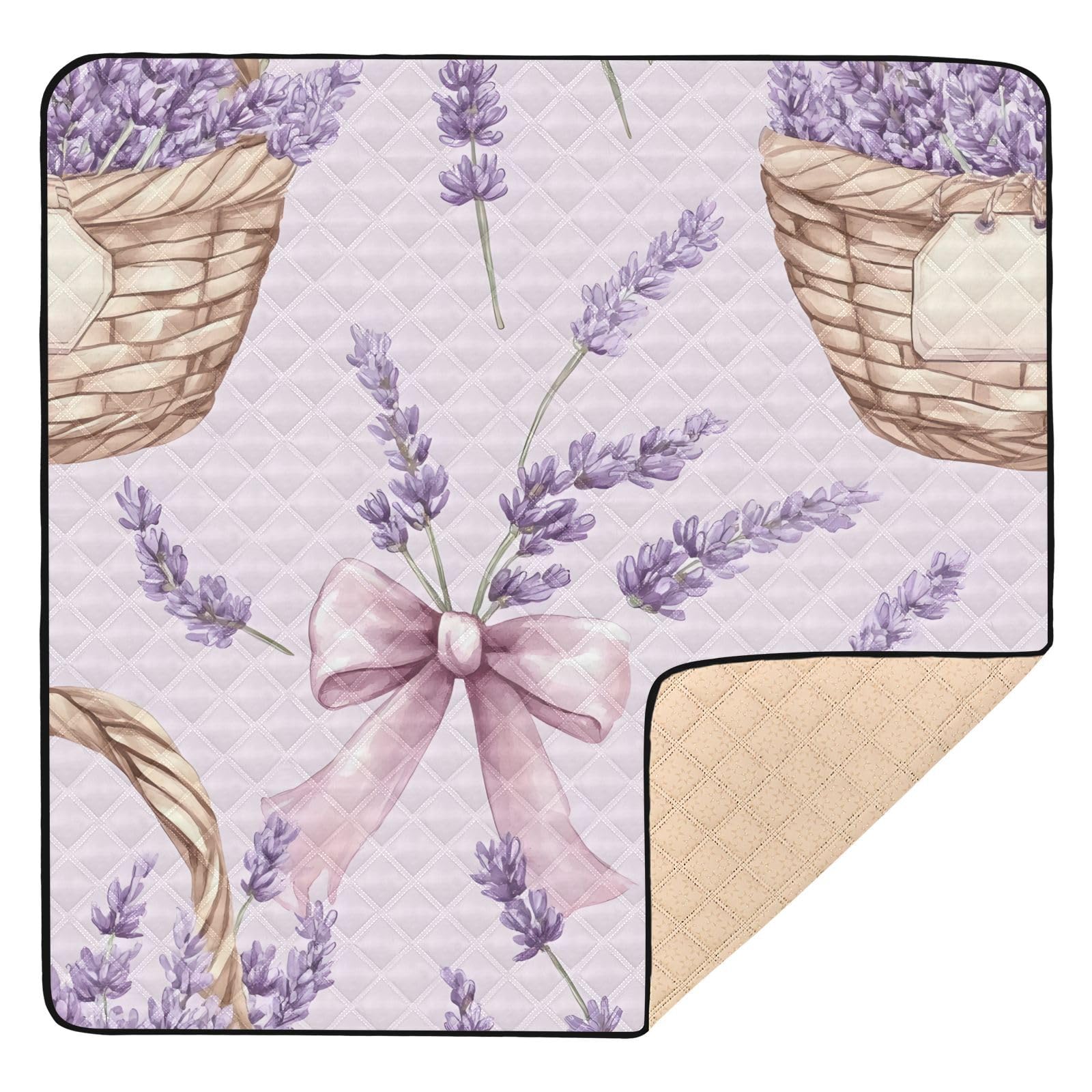 BOESI Watercolor Lavender and Bow Pattern Baby Play Mat, 50“ X 50” Washable Folding Crawling Mat, Baby Floor Mat, Soft, Thick, Non-Slip