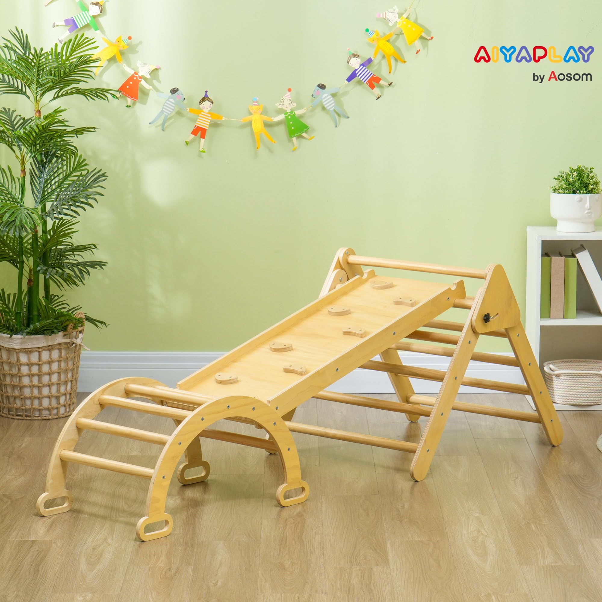 AIYAPLAY 5 en 1 Triángulo de Escalada Montessori con Arco y Rampa, Escalada para Niños de Madera Plegable, para 18-48 Meses, para Deslizarse o Escalar, 178x64,5 cm, Madera Natural