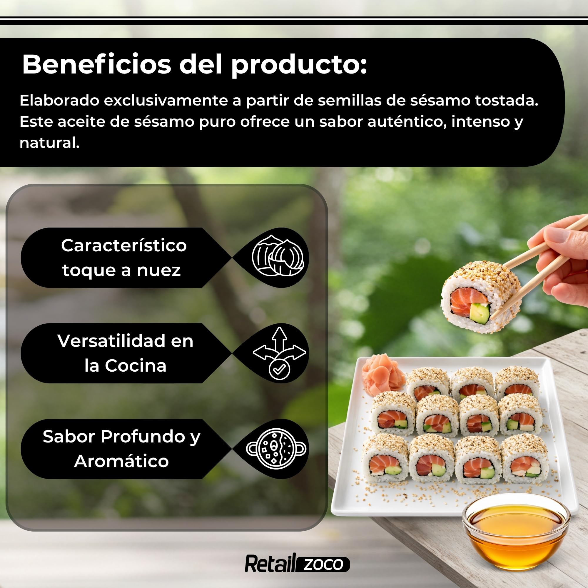 Aceite de Sésamo Puro 100% Tostado, 150 ml, para Wok, Ramen, Sushi