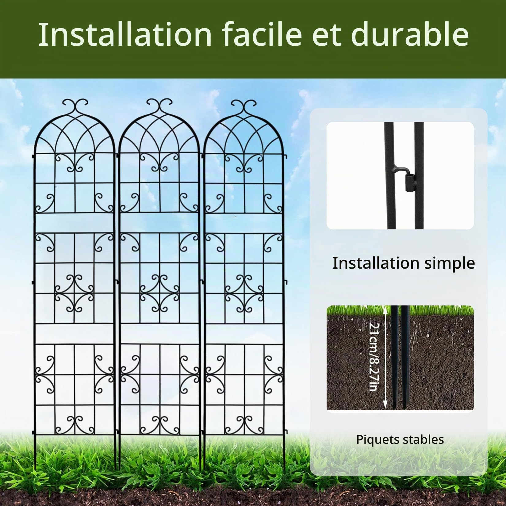 Treillis Plante Grimpante Extérieur en Métal: h220x148lcm Lot de 3 Support Rosier Grimpant Jardin Treillage Fleur en Fer Forge Décoratif