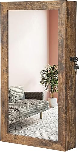 SONGMICS Armario de joyería con cerradura con espejo, organizador de almacenamiento de joyas para ahorrar espacio montado en la pared, color marrón