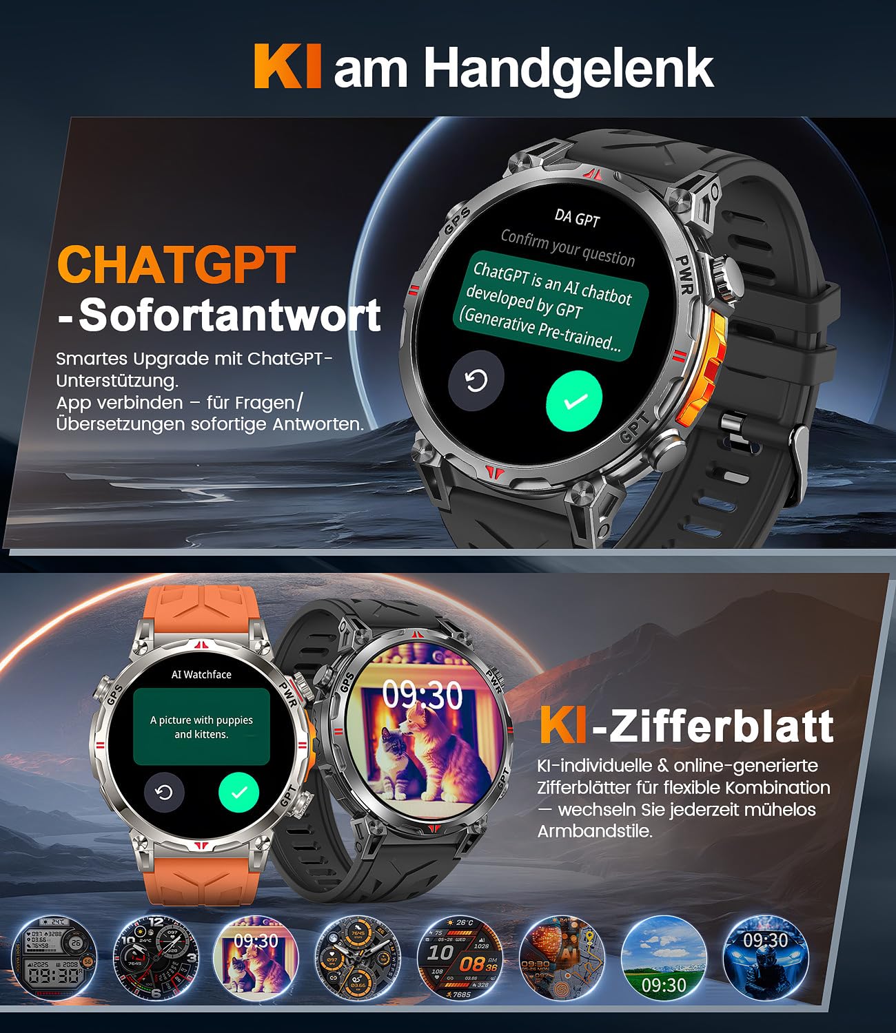 GPS Smartwatch Herren, Militär Smartwatch GPS Sportuhr 1.6" AMOLED Display,Telefoniefunktion, Herzfrequenz, Schlaf, 5 GPS-Sportmodi, 100+ Sportmodi Fitnessuhr für Android iOS