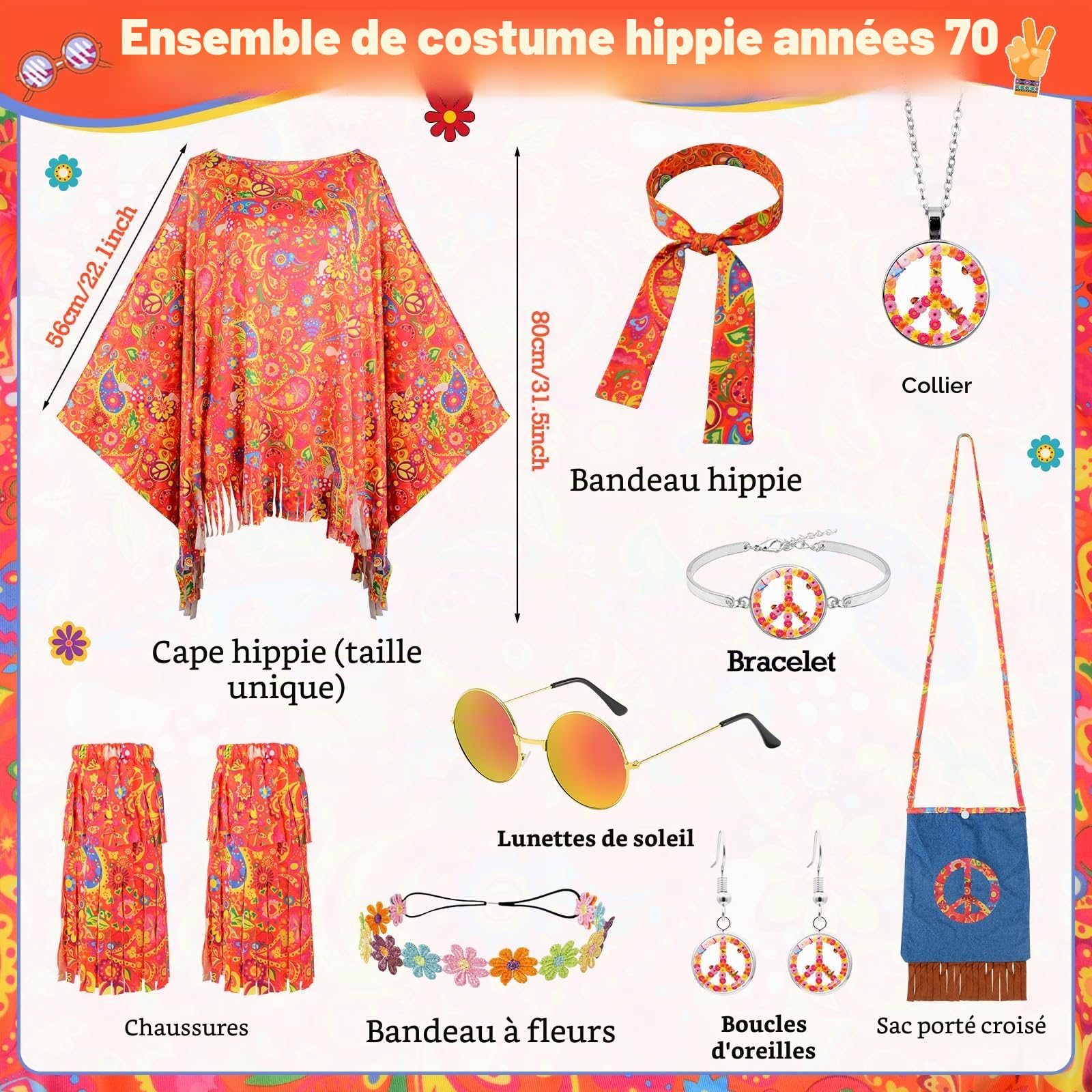 Déguisement Hippie Femme, Deguisement Femme Annee 70 avec Cape Hippie, Sac Bandoulière, Lunettes Soleil, Déguisement Disco Années 60, Vêtements Hippie Rétro Années 1970 pour Carnaval Fête