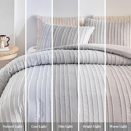 Miniatura 7 de WARMDERN Juego de funda de edredón bohemio tamaño King, ropa de cama de microfibra a rayas gris claro, cierre de cremallera, diseño bohemio