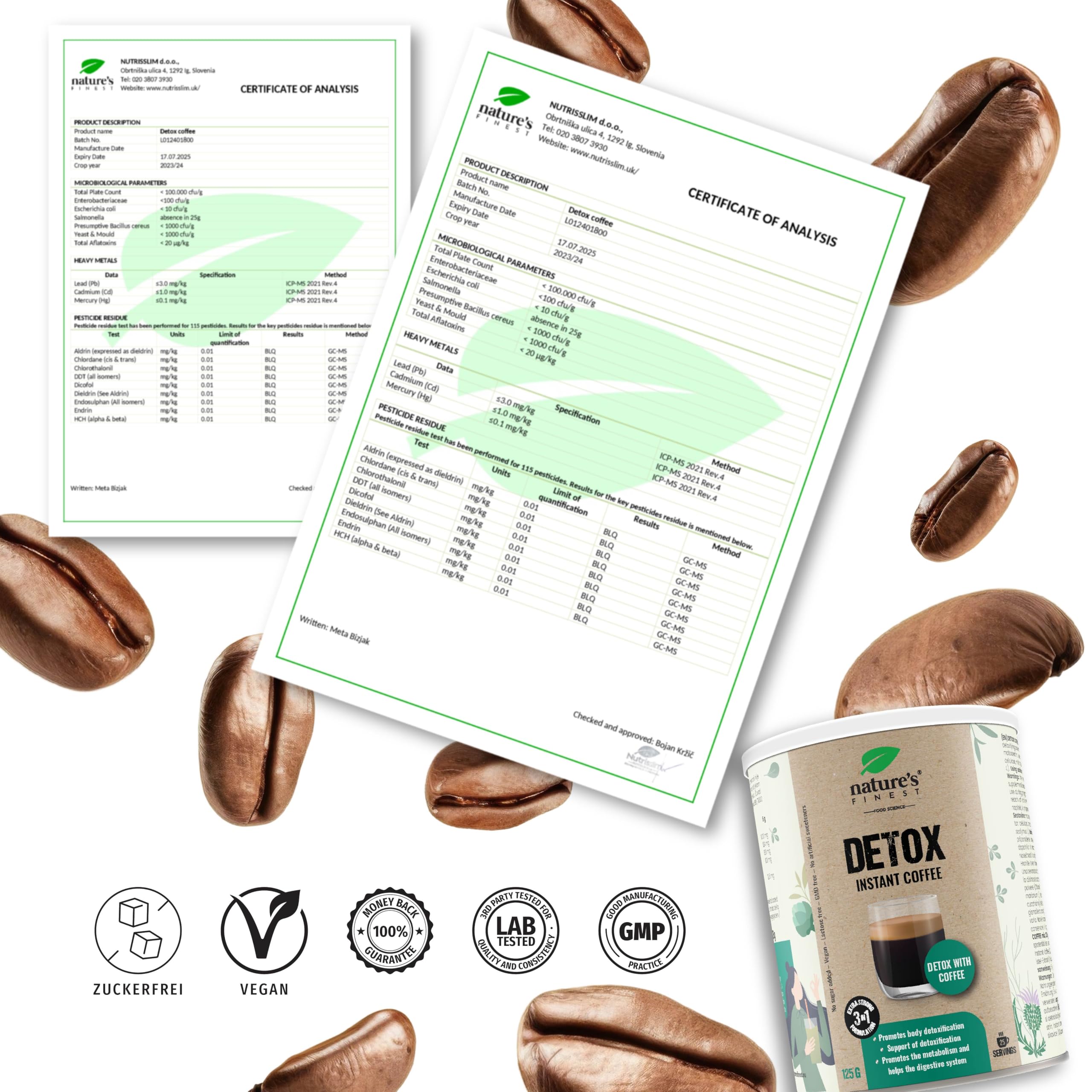 Nature's Finest Detox Coffee, Instant-Kaffee 625 g (5er Pack) | Instant-Kaffee (20 % Arabica) mit Chlorella, Mariendistel- & Artischockenextrakt - vegan, schnell aufgegossen