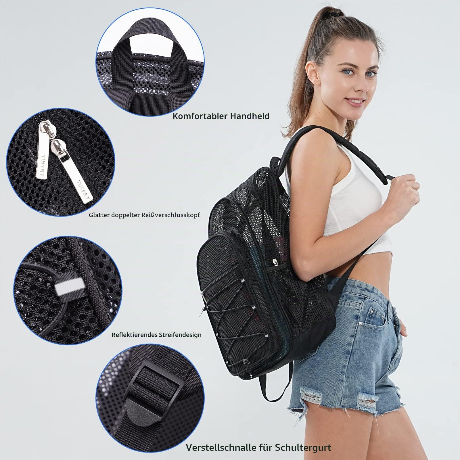 TINYAT Netz-Rucksack für Damen und Herren, strapazierfähig, durchsichtig, transparent, für Strand, Reisen, Fitnessstudio, Schwimmen, Schwarz/8010