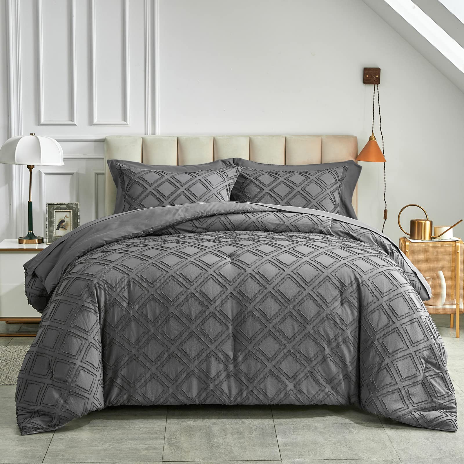 Set di biancheria da letto in stile bohémien, per letto king size, beige, con motivo a griglia, con nappe, stile bohémien, stile rustico, 1 piumone e 2 federe (king, beige