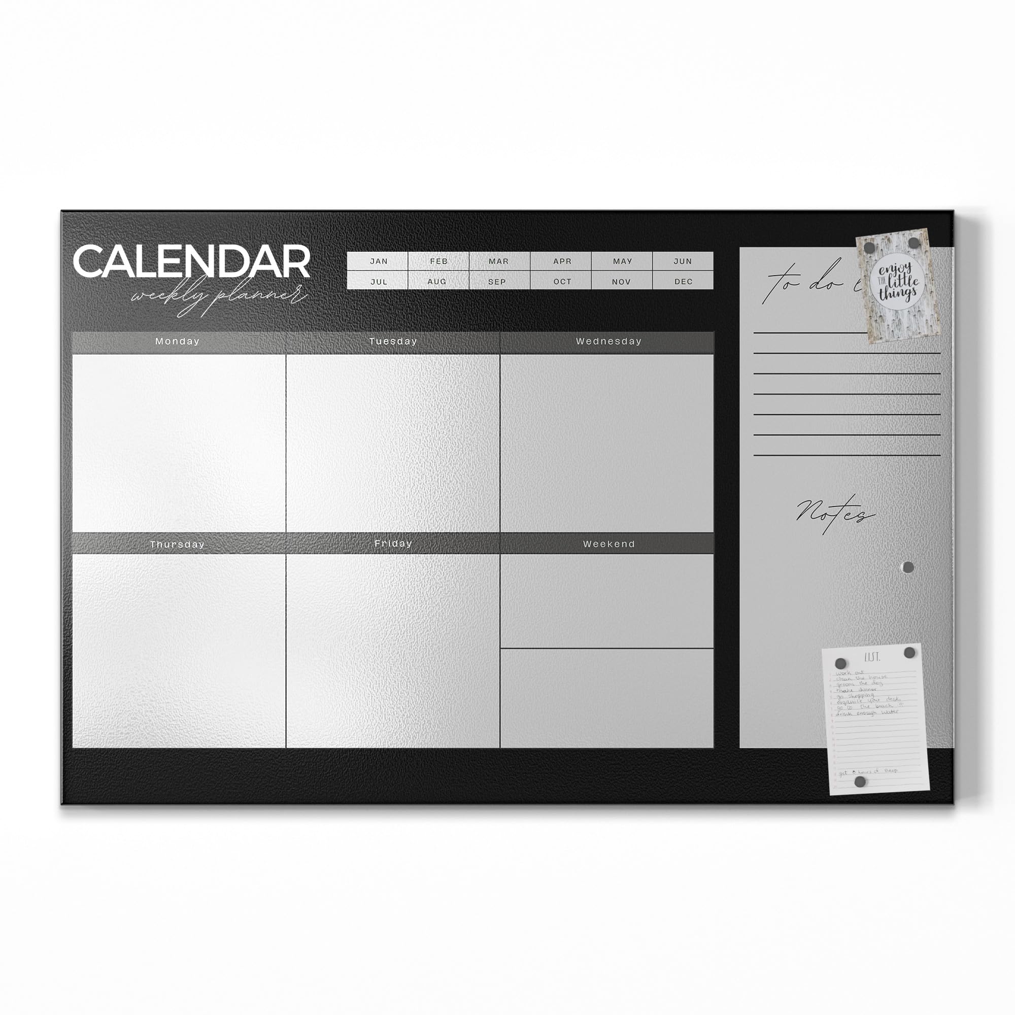 DEQORI Lavagna magnetica in metallo, 90 x 60 cm, motivo "Agenda settimanale nero (EN)", lavagna bianca per tutti i magneti, lavagna magnetica da parete per cucina e ufficio, bacheca magnetica
