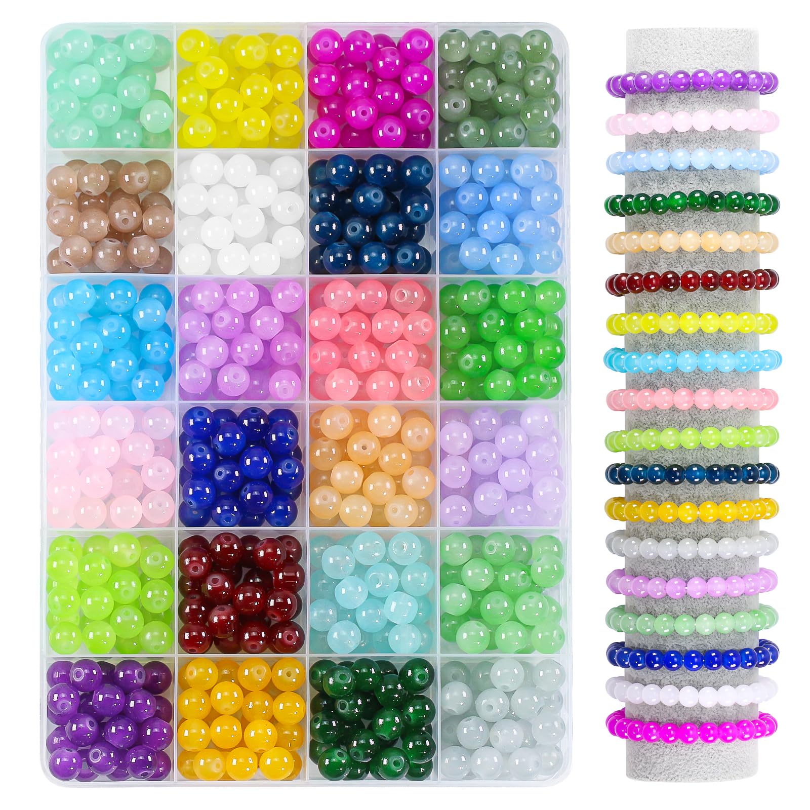 Ouubuuy 930pcs Glass Beads for Bracelet Making,24 Colors 6mm Round Glass Stone Crystal Gemstone Beads Imitative for DIY Crafts Jewelry Necklace Making