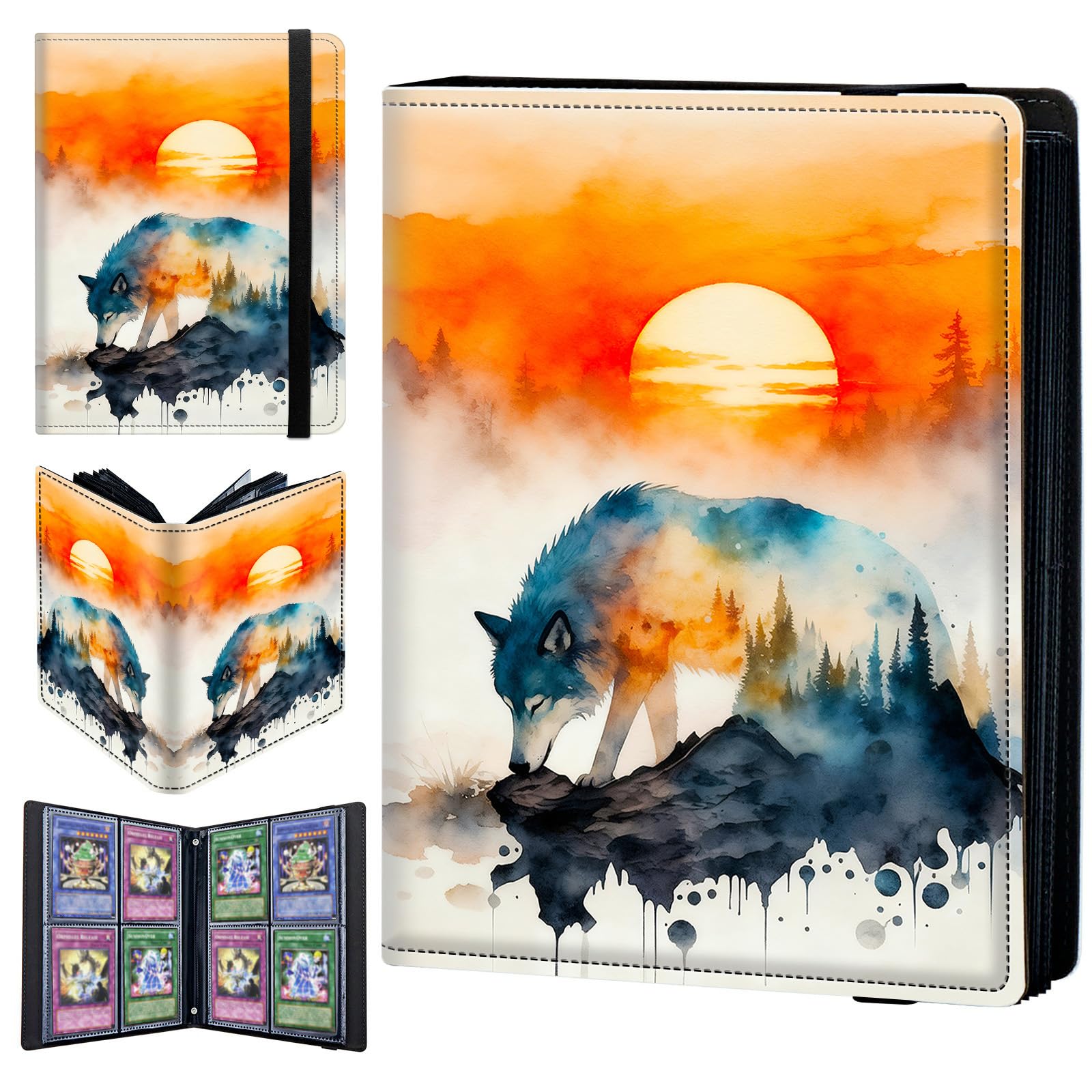 4 Pocket Trading Card Binder 160 Side Loading Pocket Album with Sunset Forest Wolf Pattern Design Card Binder for Sports Cards & Game Cards