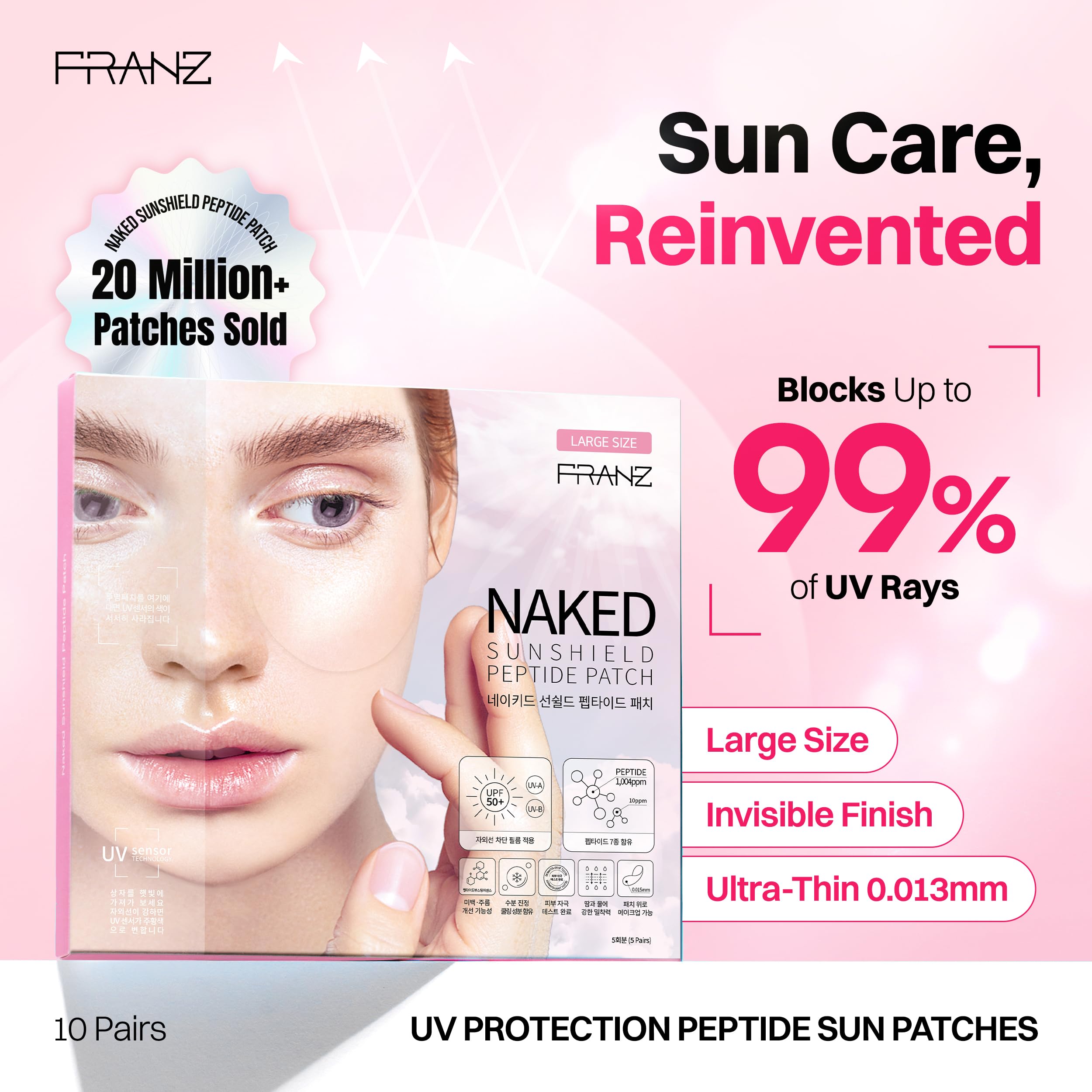 FRANZ Invisible UV Sun Patches for Face, UPF 50+ Golf (Large, 10 Pairs)