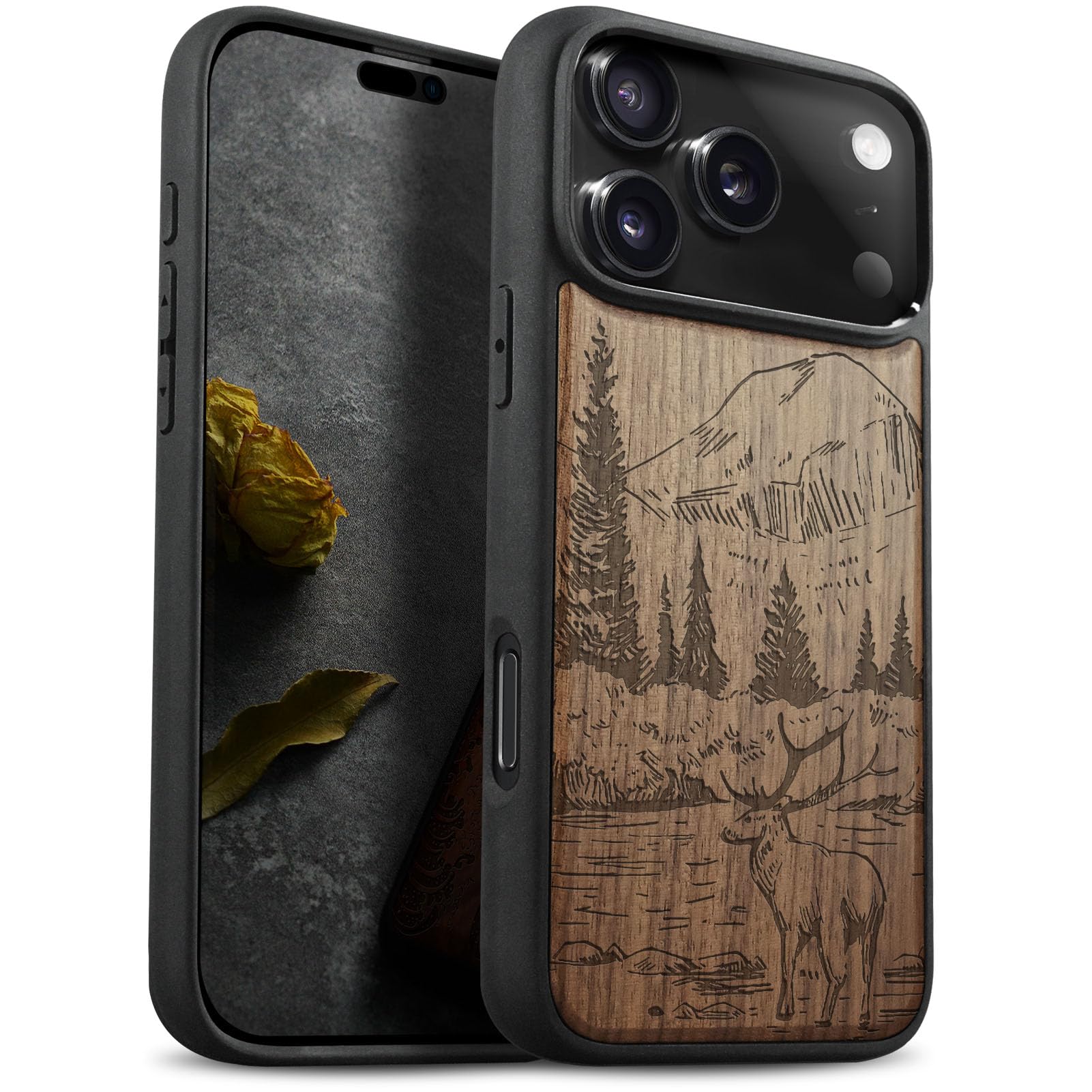 Photo 1 of Carveit Magnetic Wooden Case for iPhone 17 Pro Case, Wood Artisan Engraved & Black Soft TPU Shockproof Cover, Compatible with MagSafe Wireless Chargers (Mountains and Deer) Walnut