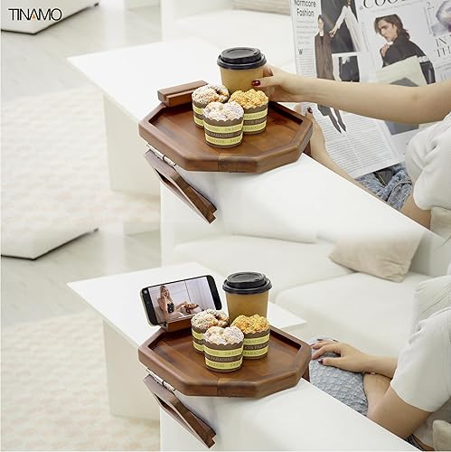 Miniatura 6 de Tinamo Bandeja octogonal de acacia para sofá, mesa con reposabrazos plegables, bandeja de clip con bisagras ajustables para el hogar, sofá, sala de