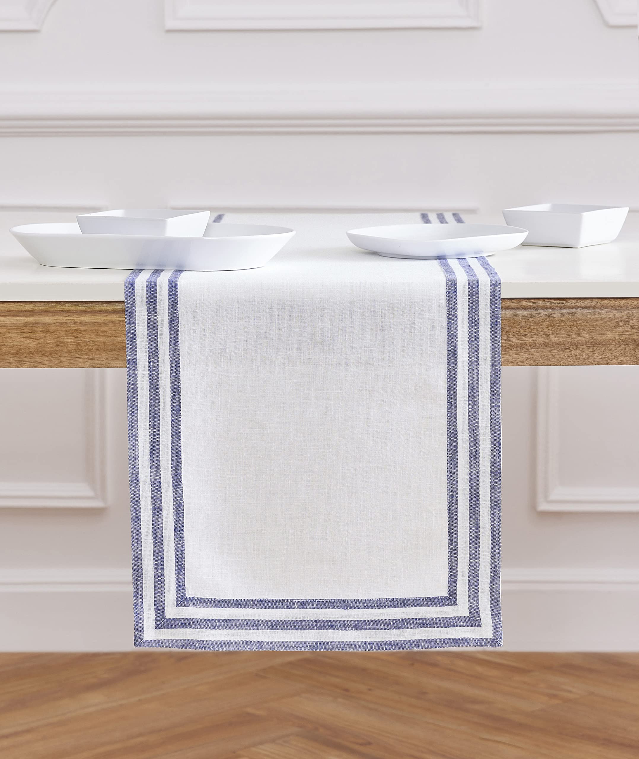 Solino Home Summer Linen Table Runner – Navy 14 x 120 Inch – 100% Pure Linen Fabric Table Runner with Stripe Design – Handcrafted from European Flax and Machine Washable – Mila