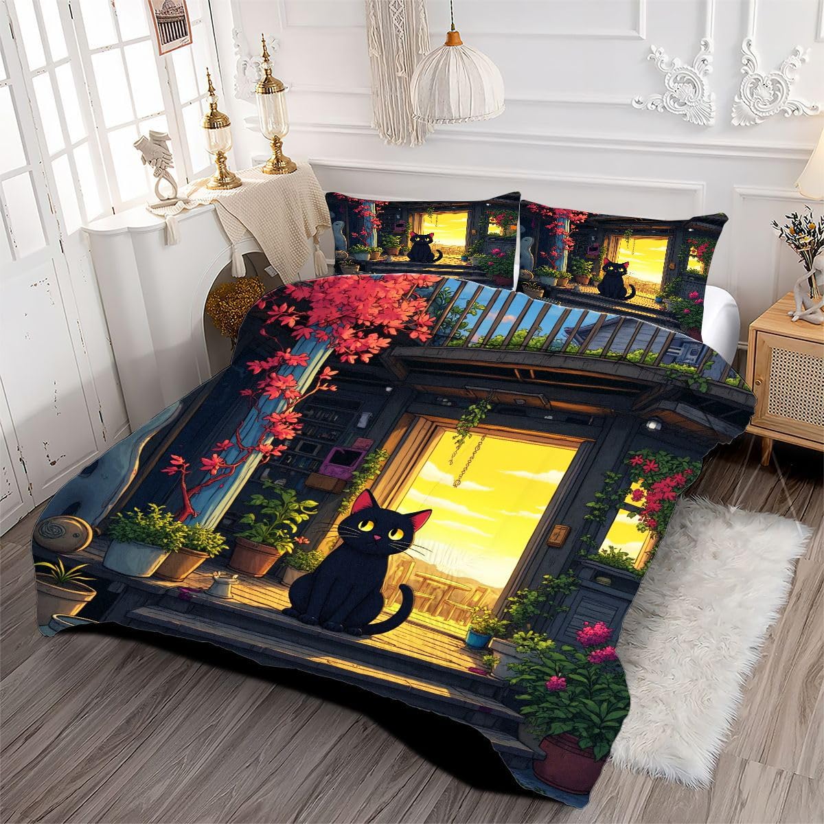 Edredón Nordica Cama 150-220x240 cm Gato Negro de Dibujos Animados, 3 Piezas Juego de Ropa para Adultos, 3D Edredón de Microfibra y 2 Funda de Almohada (220 x 240-50 x 75)
